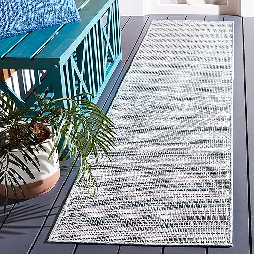 SAFAVIEH Hampton Collection - Alfombra de pasillo, 2 x 9 pies, color aguamarina y marfil, no desprende pelusa y de fácil cuidado, para interiores y