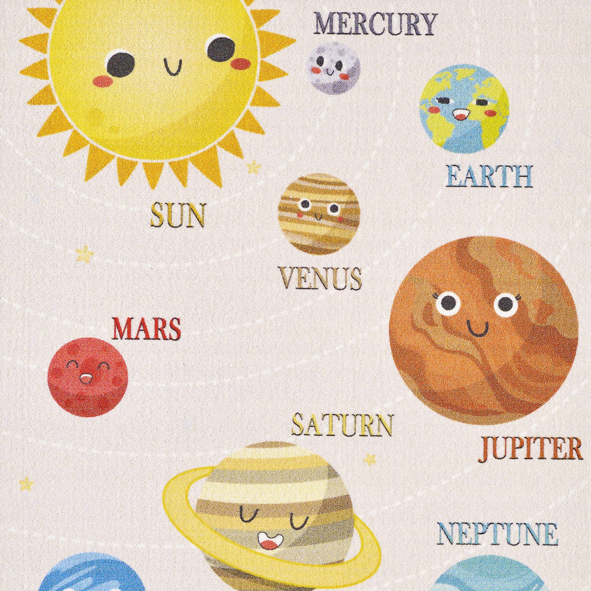 HomebyHome Kinderteppich Mehrfarbig 140x200 cm Planeten Muster Modern rutschfest Waschbar Pflegeleicht Extra Weich Antiallergen Babyteppich Kinderzimmer Jungen Mädchen