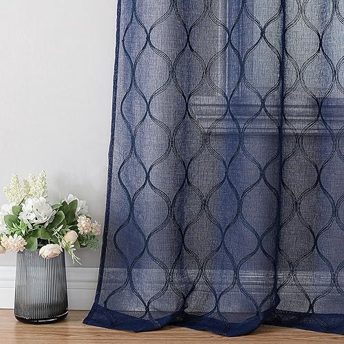 Bujasso Cortinas traslúcidas azul marino de 84 pulgadas, paneles de cortina geométricas bordadas filtrantes de luz, para sala de estar, dormitorio,