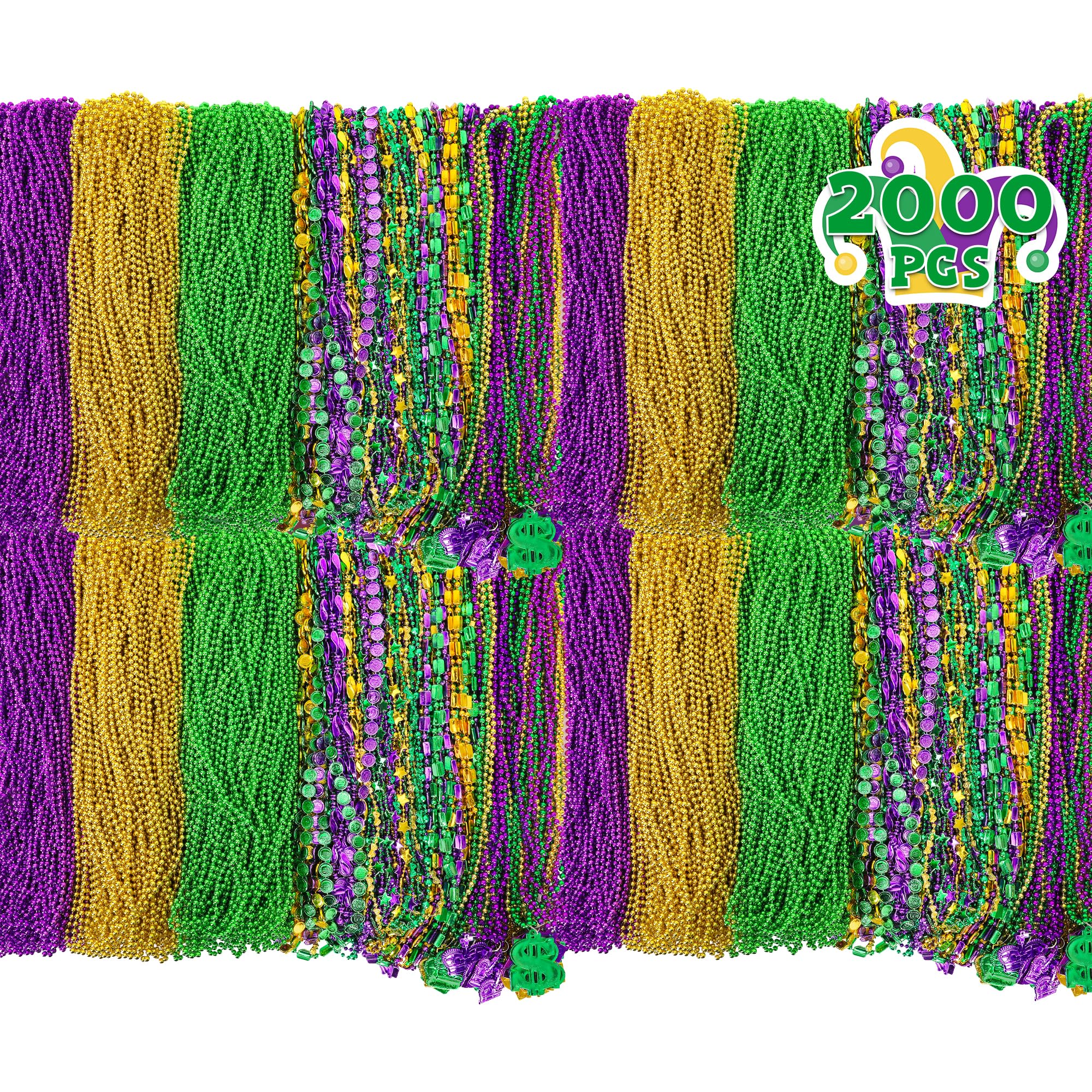 2000PCS Mardi Gras Beads Bulk, 9 Styles Purple Gold Green Mardi Gras Beads Necklaces Assortment, Coin Crown Mask Dollar Metallic Beaded Accessories for Mardi Gras Decorations Throws Party Favors