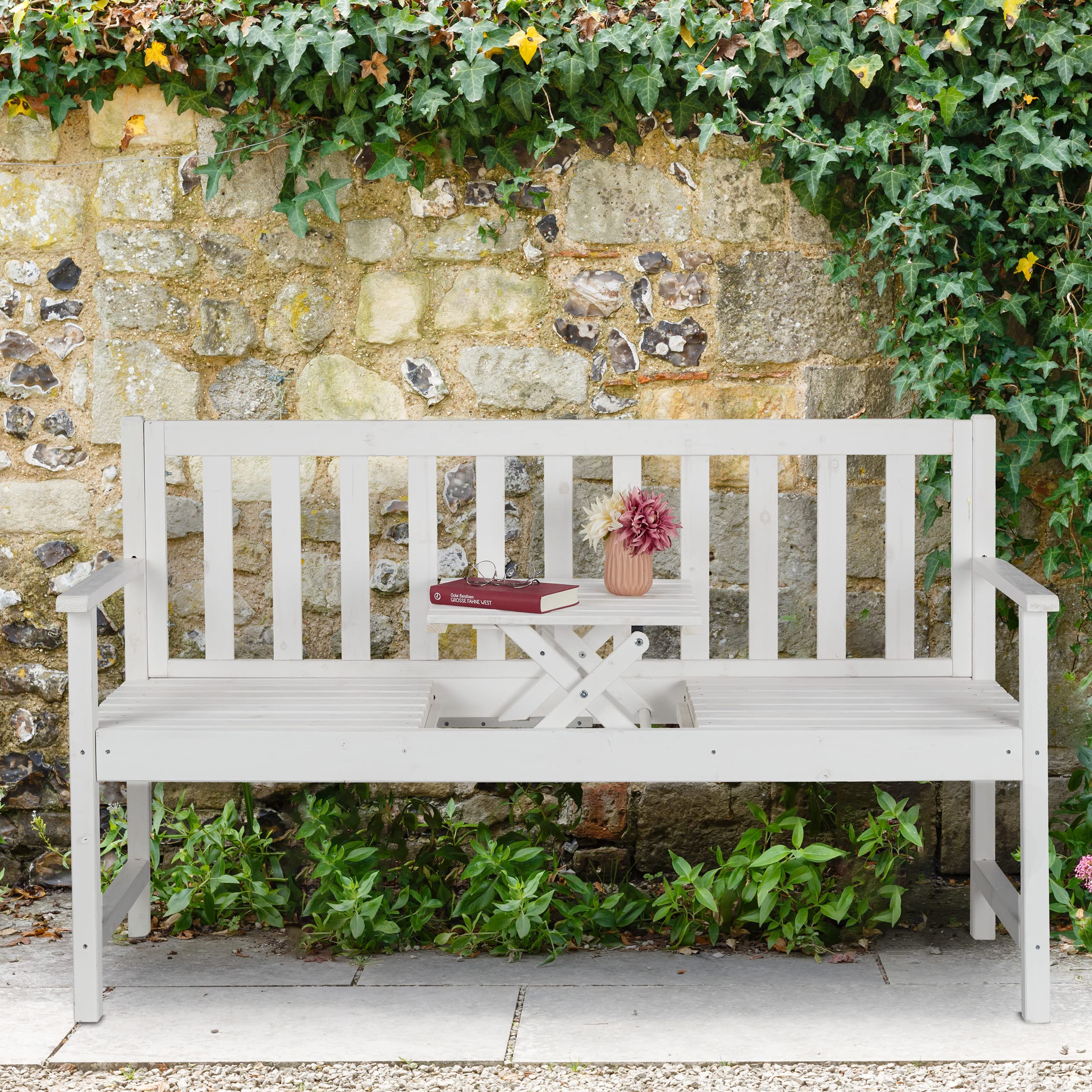 Relaxdays Gartenbank mit integriertem Tisch, 3 Sitzer, robuste Holz Sitzbank, Garten & Balkon, HBT: 90x152x56 cm, weiß