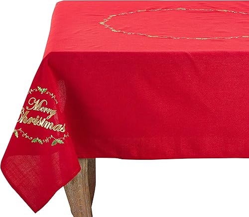 SARO LIFESTYLE Mantel de mesa con diseño bordado de Feliz Navidad, 54 pulgadas, rojo