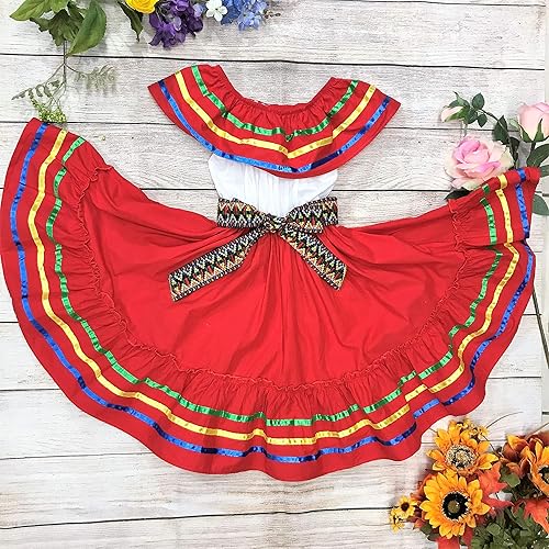 Miniatura 6 de Vestido folclórico mexicano para niñas Disfraz tradicional de fiesta estilo Jalisco con ribete colorido de cinta y banda bordada