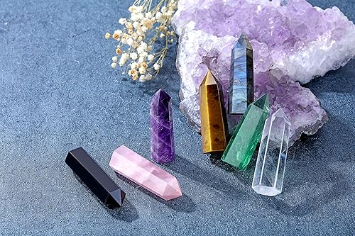 Miniatura 4 de Top Plaza 7 varitas de cristal curativo con caja de regalo de 22 pulgadas cuarzo rosa amatista de cuarzo transparente ojo de tigre obsidiana