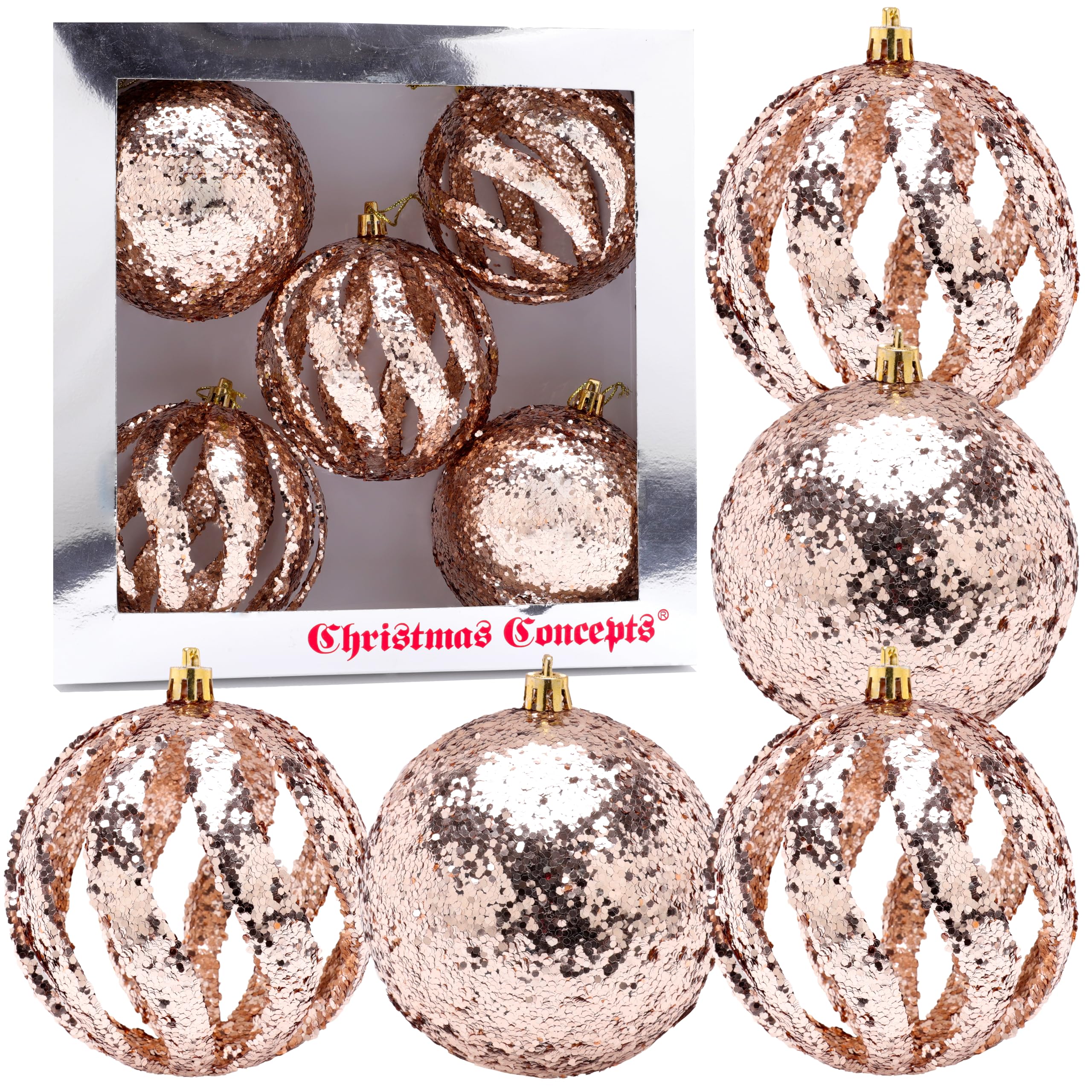 Christmas Concepts® Elegance Collection - Pack of 5-100mm (4") Champagne Luxury Glitter Baubles - Christmas Tree Hanging Decorations