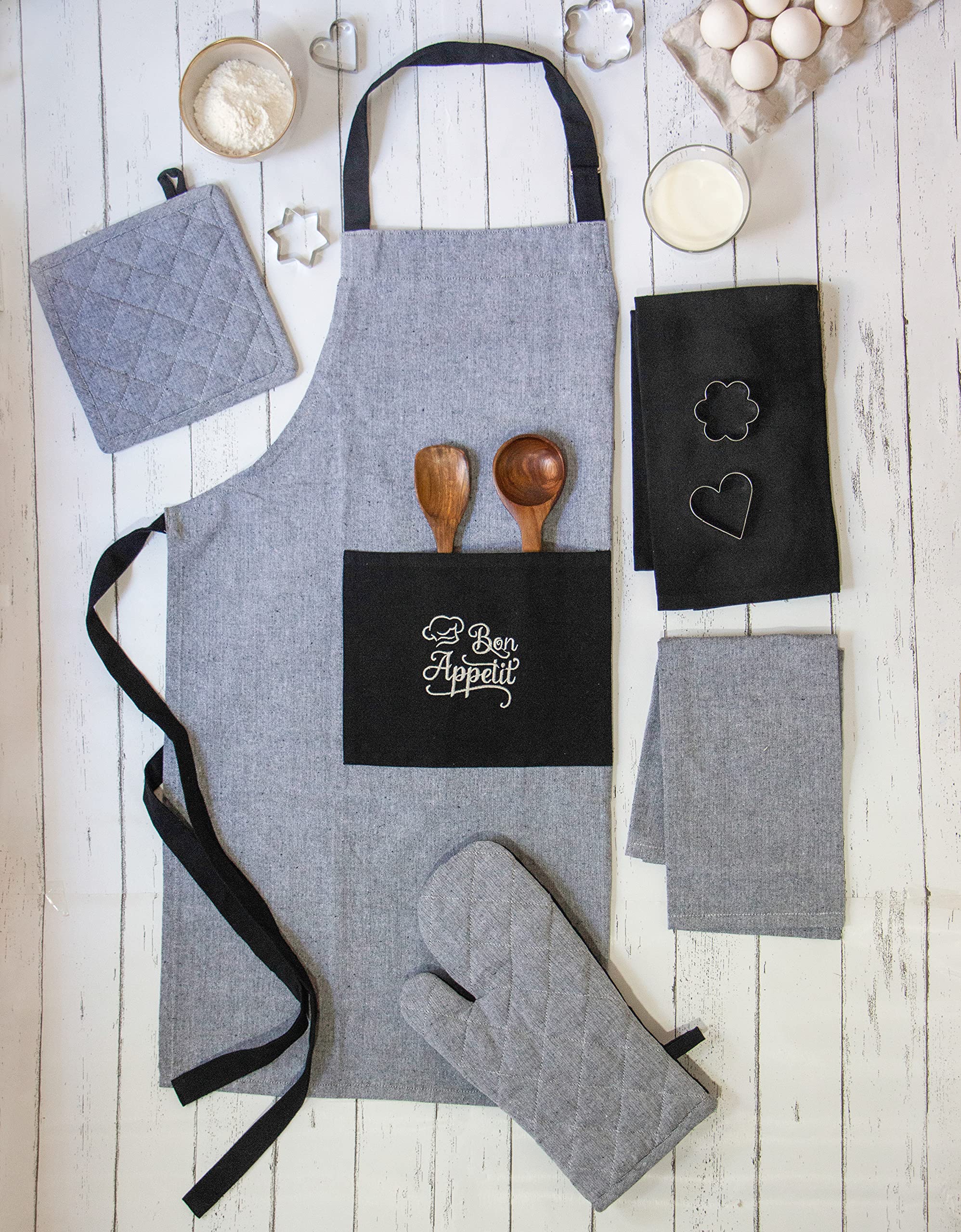 PIXEL HOME APRON WITH OVEN MITT AND POT HOLDER WITH FREE 2 PCS KITCHEN TOWELS - BON APPETIT COLLECTION.