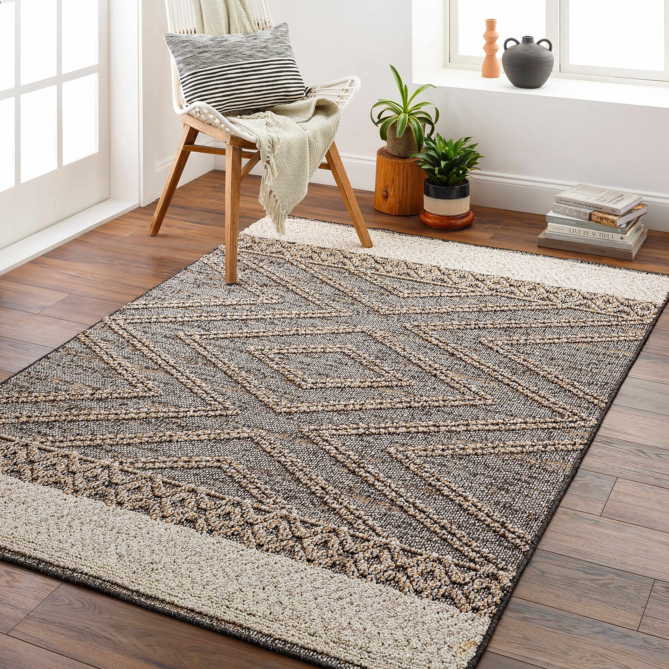 BoutiqueRugs Areli Boho High Low Textured Moroccan Geometric Runner Rug - Outdoor Safe - Performance Rug for Porch, Patio, Living Room - High Traffic Rug - Black, Taupe, Beige - 2'1