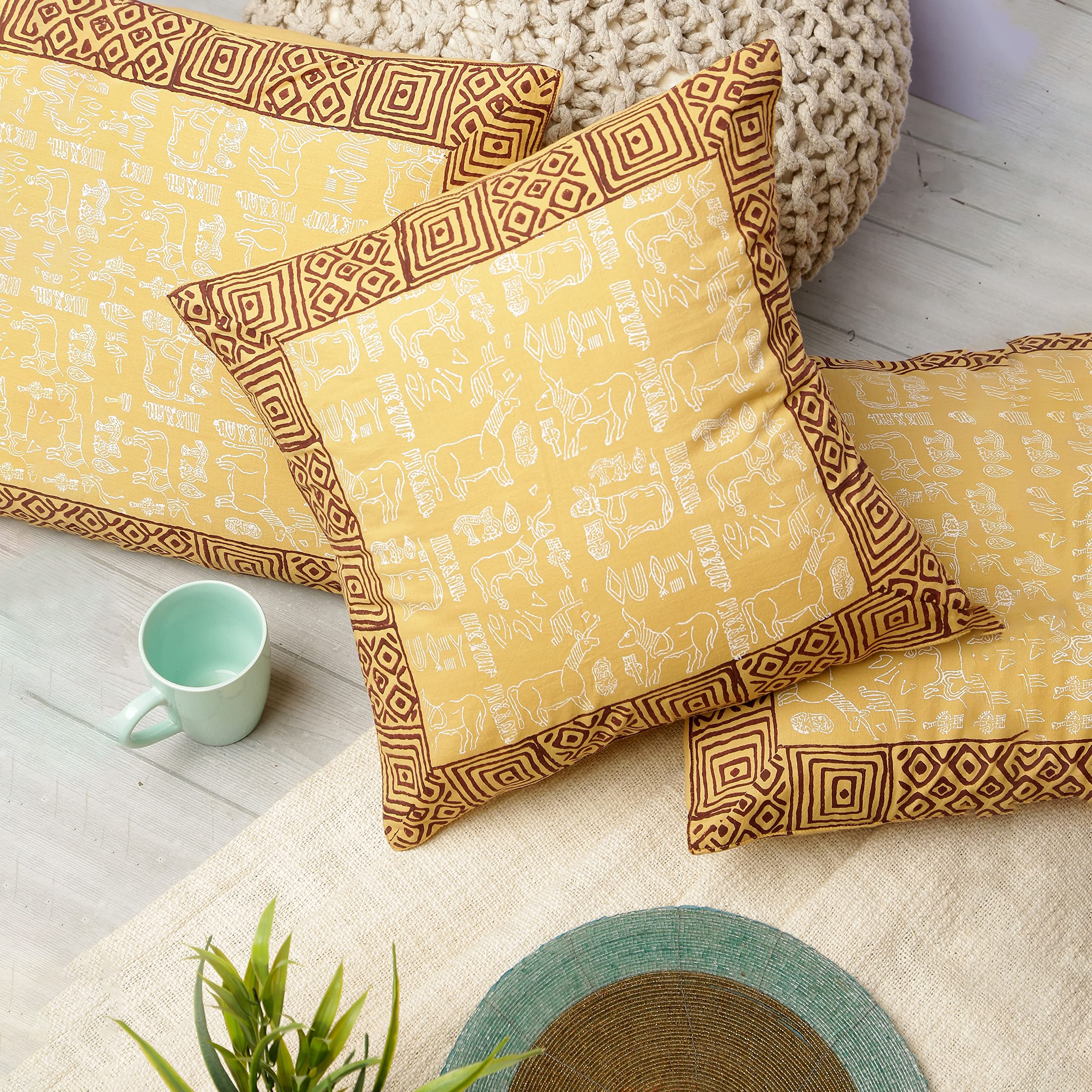 INDHA Hand Block Printed Cushion Cover Mohanjo-Daro Print | 16×16 Inches Cushion Covers | Cotton Cushion Cover Set of 2