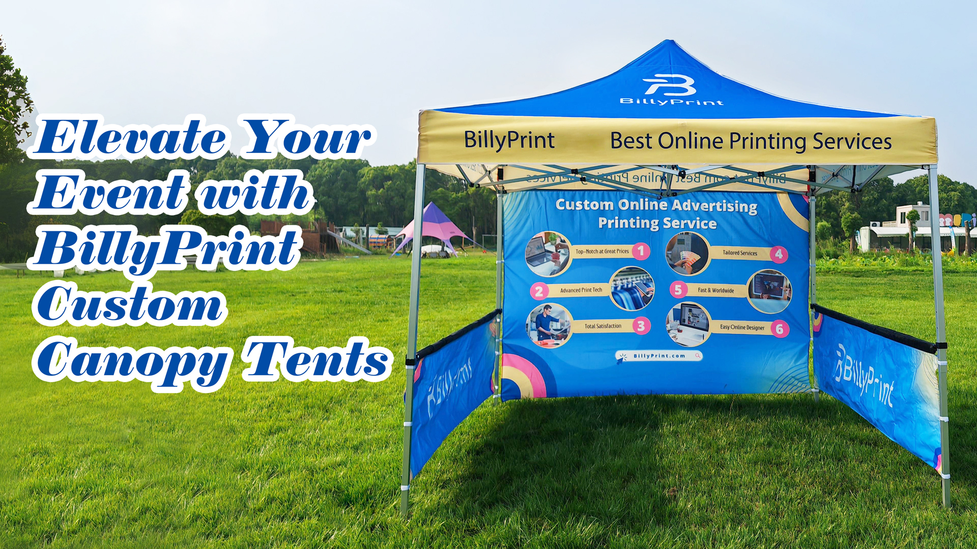 tent ads BillyPrint Custom Canopy 10x10 with Logo, Personalized Pop Up Tent Packages for Trade Shows, Markets, Events, Quality Prints of Your Branding for Business Advertising (1 Full Wall + 2 Tamaño de accesorio:XL S.F.T. Dachzelt für Festivals: Nie PVC half