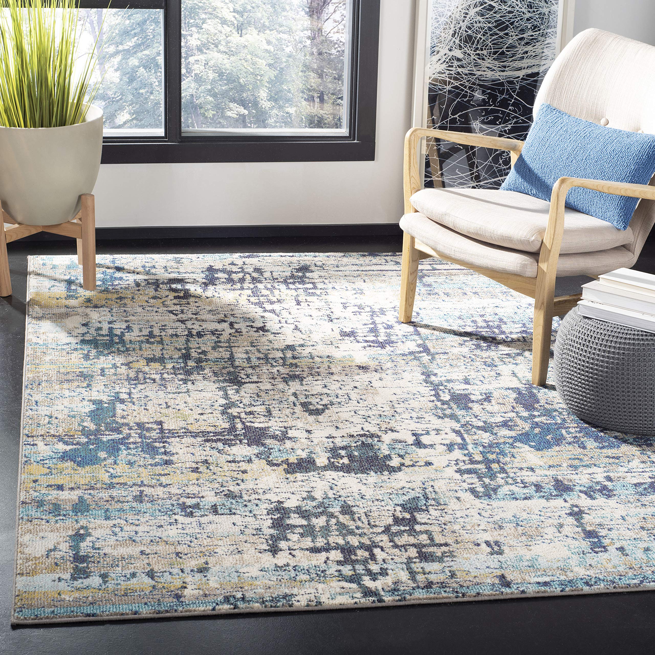SAFAVIEH Tapis Contemporain pour Salon, Salle à Manger, Chambre à Coucher - Madison Collection, Tapis à Poil Court, Crème et Bleu, 122 X 183 cm