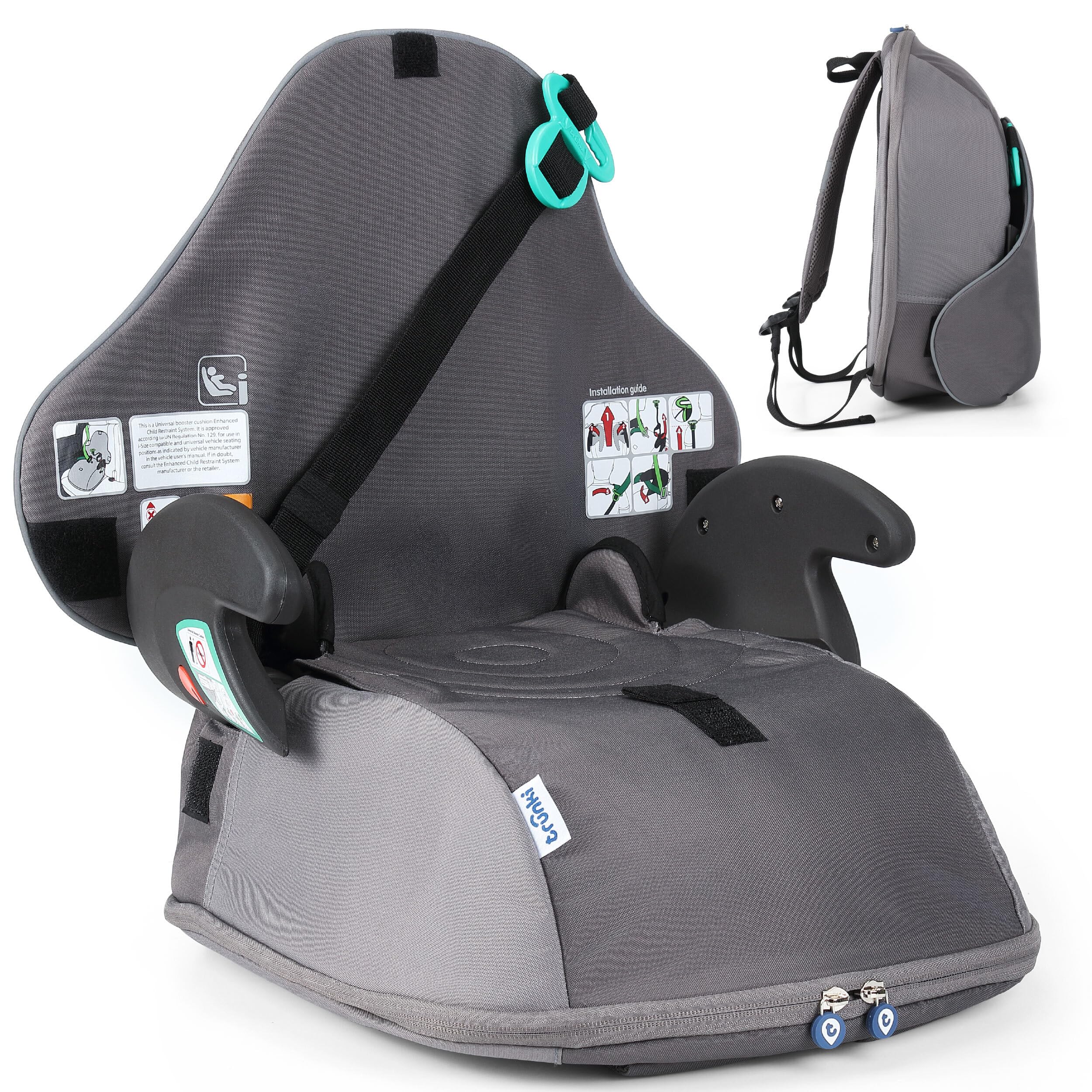 Trunki BoostApak - Asiento elevador y mochila para niños (6 años en adelante), asiento de viaje i-Size, mochila de mano aprobada para niños de 8 L y elevador de coche (126-150 cm), color gris