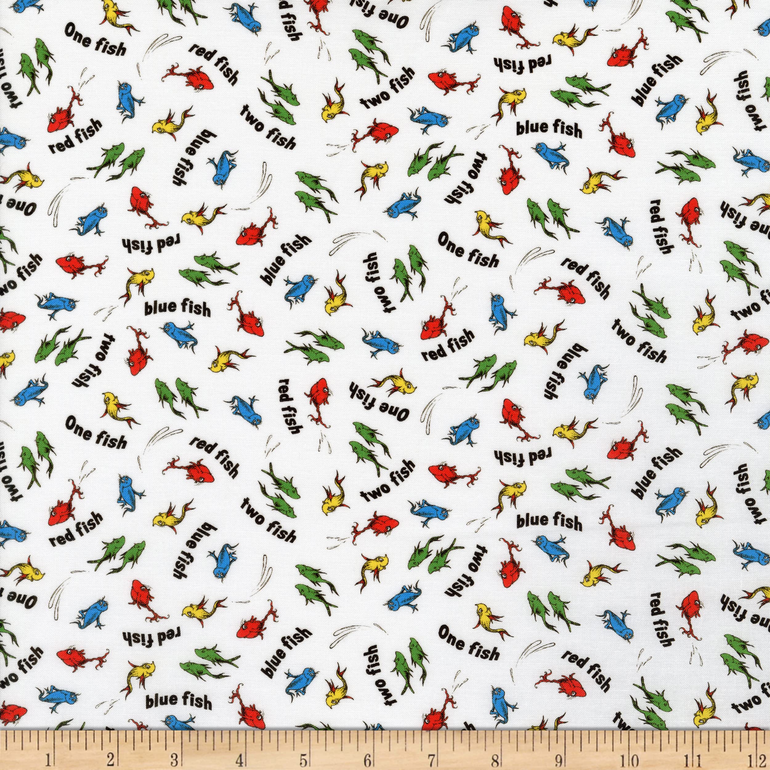 Kaufman A Little Dr. Seuss Fish White, Fabric by The Yard