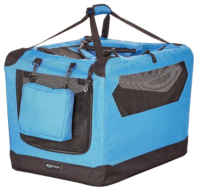 Amazon Basics - Transportín para mascotas abatible, transportable y suave de gran calidad, 66 cm, Azul