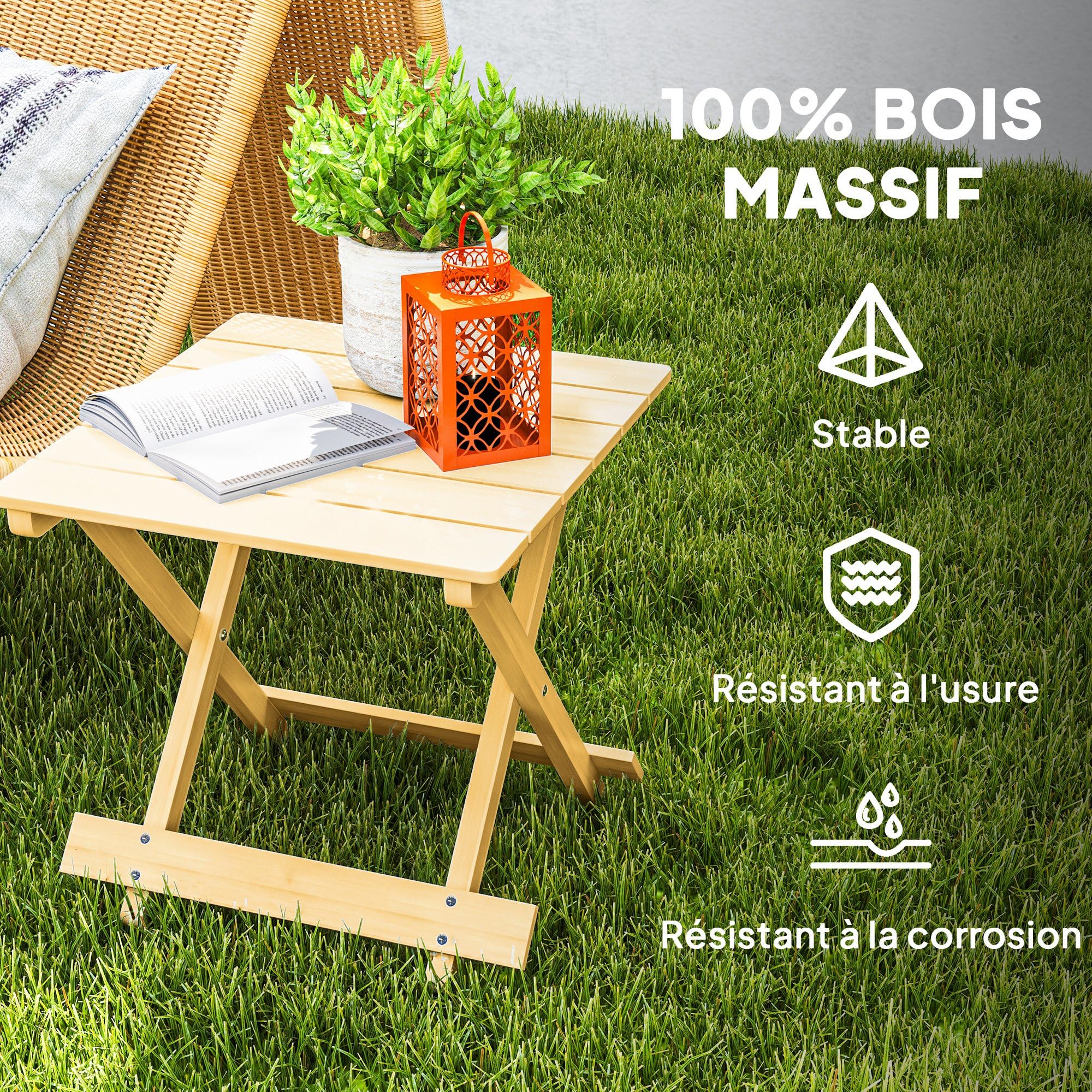Outsunny Table Basse Pliante en Bois Massif, Table d'appoint Pliante, 40 x 43 x 40 cm, Bois Naturel