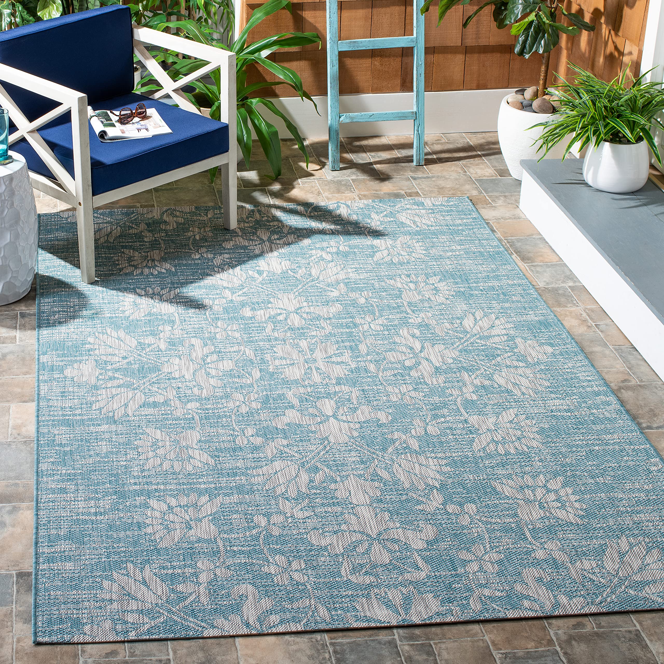 SAFAVIEH Washable Rug Outdoor Courtyard Collection - 2'7" x 5', Aqua Blue & Grey, Non-Shedding & Easy Cleaning, Ideal for Patio, Backyard, Mudroom (
