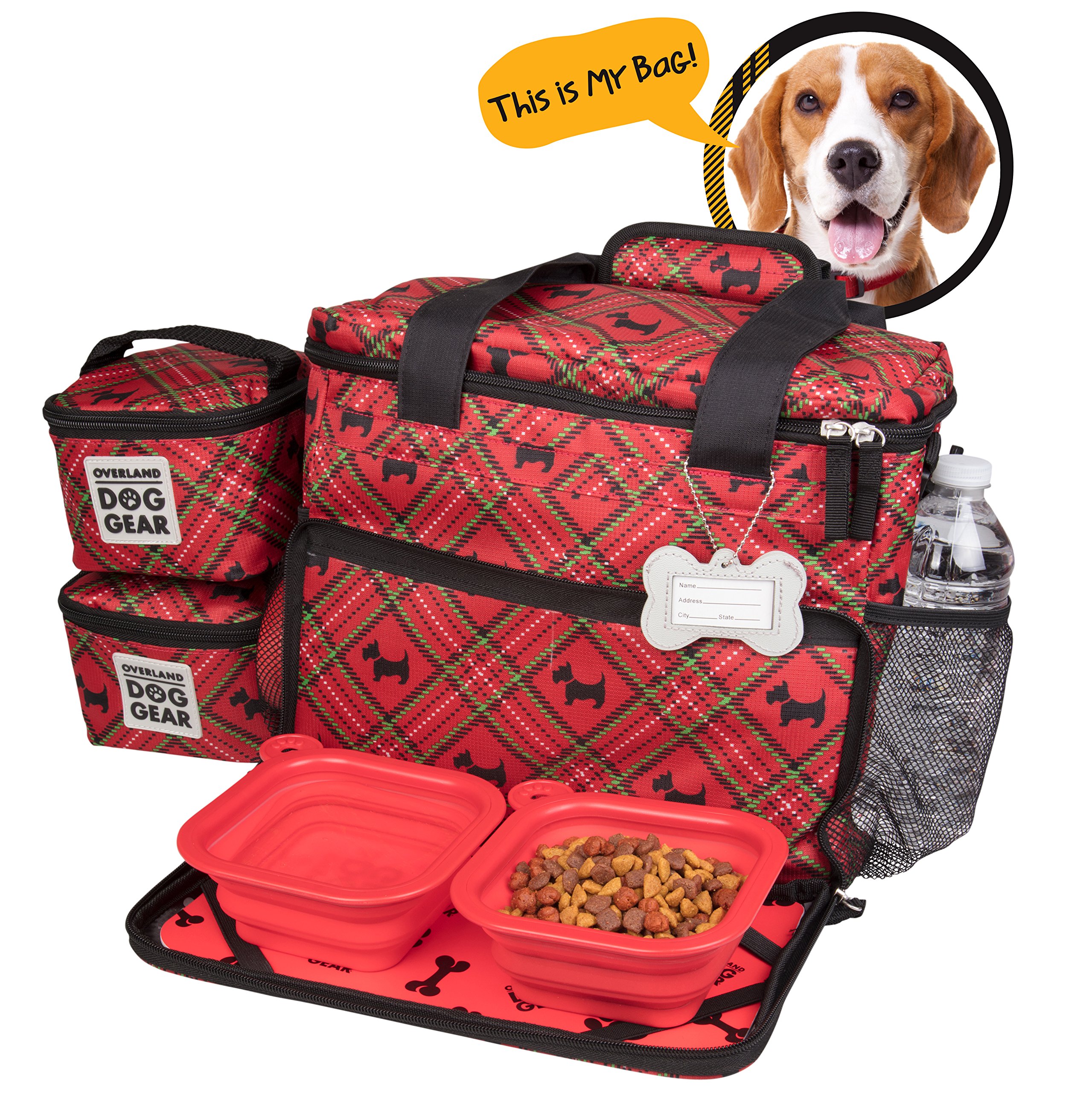 Dog Travel Bag - Week Away Tote for Small Dogs - Includes Bag, 2 Lined Food Carriers, Placemat, and 2 Collapsible Bowls (Christmas)