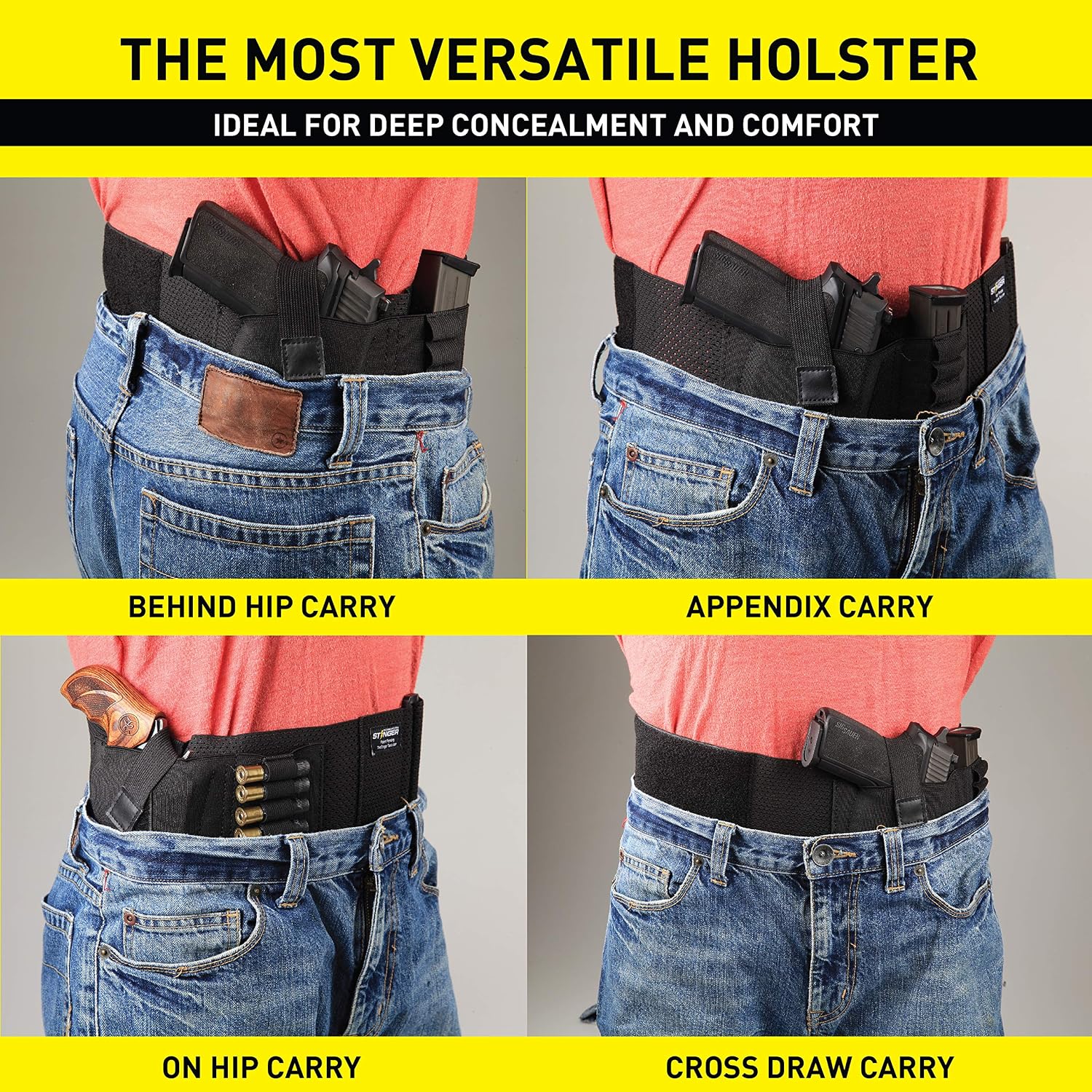 Stinger Premium Ultra Breathable Belly Band Gun Holster for Concealed Carry, Compatible with Smith and Wesson, Shield, Glock, for Men and Women, Ammo Bandolier for Extra Revolver Bullet