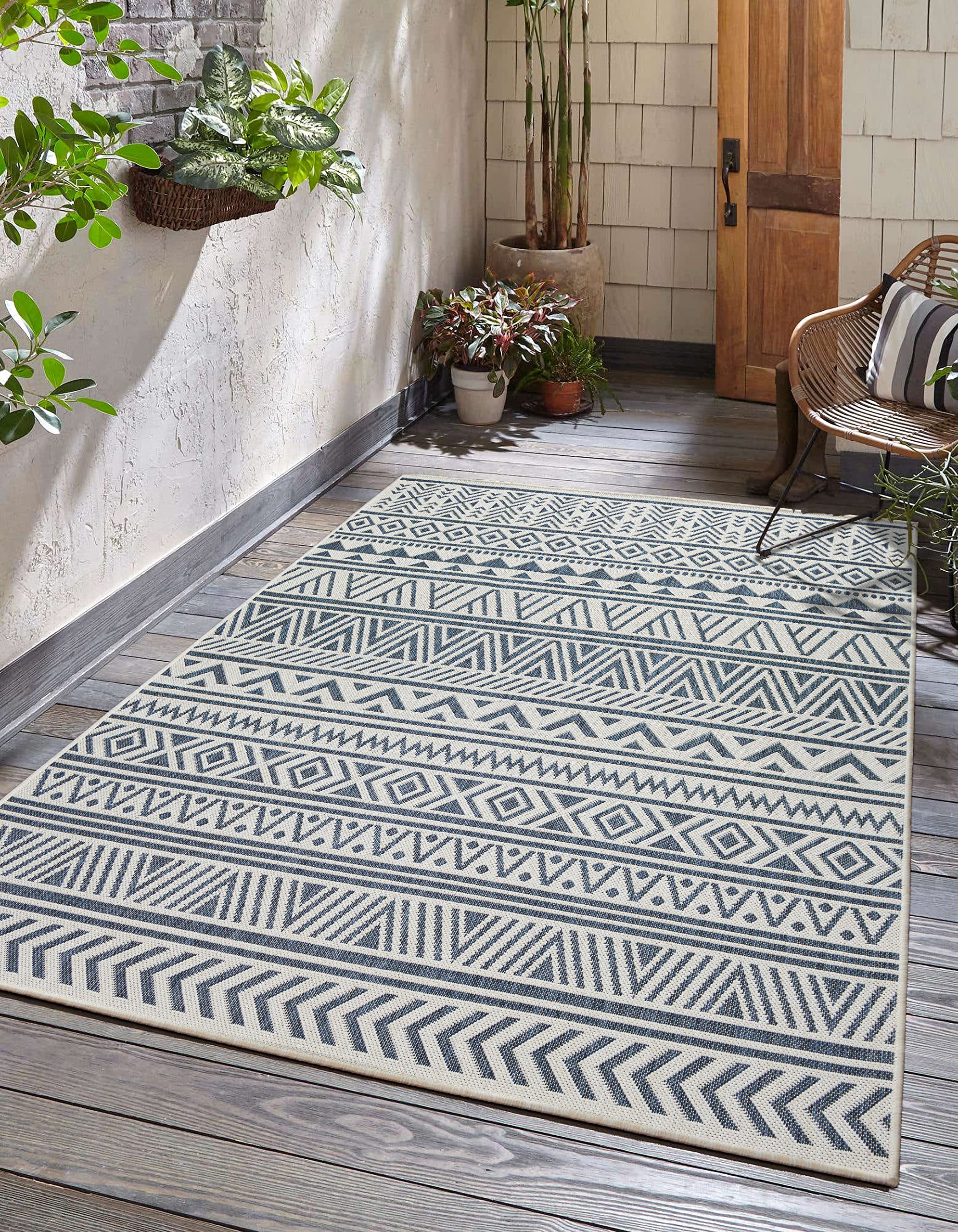 Adiva Rugs Outdoor Indoor Area Rug, Weather Resistant, Easy to Clean, Stain Resistant Floor Mat for Dining Room, Backyard, Deck, Patio (Weiss Navy, 5'