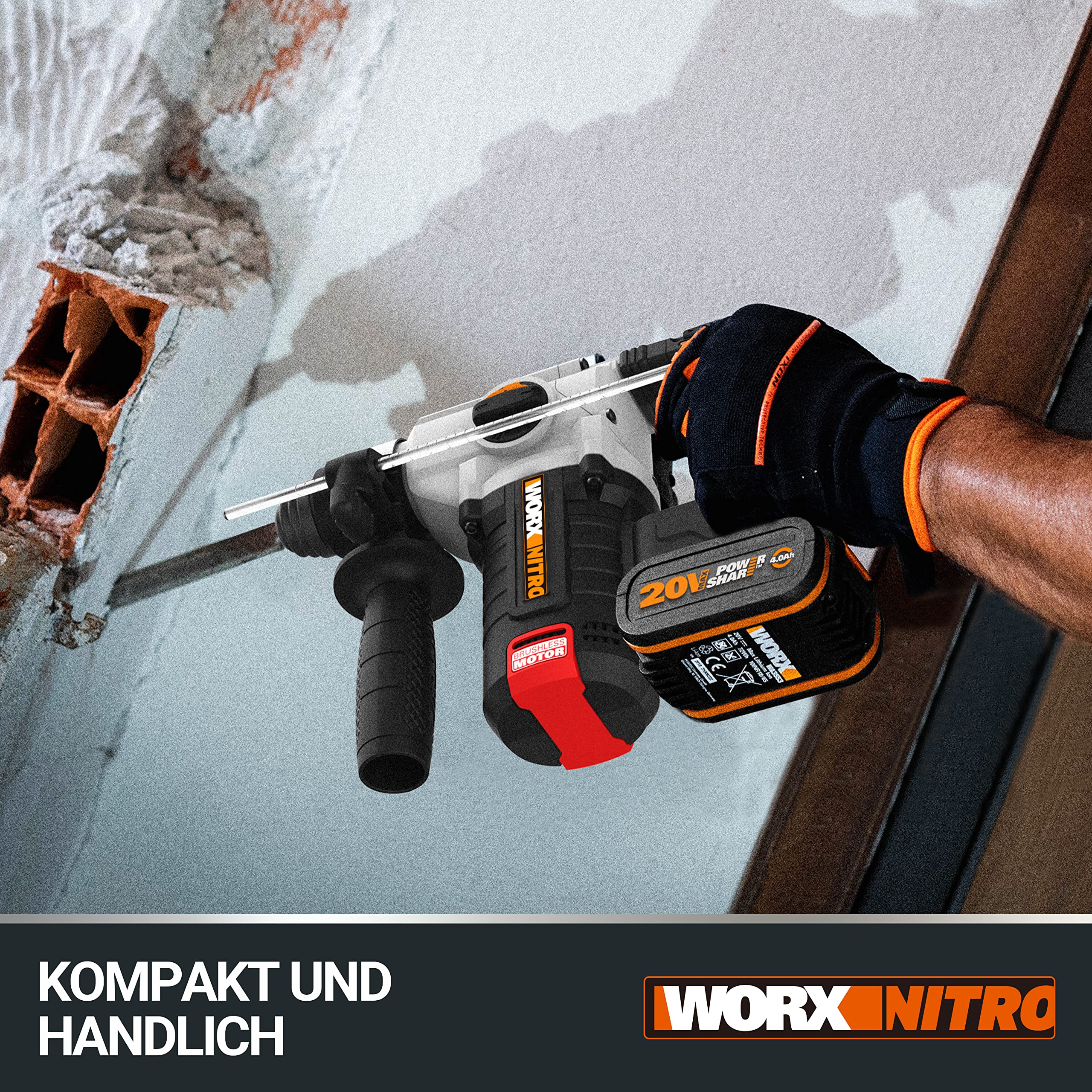 WORX NITRO WX380.9 Akku-Bohrhammer 20V - zum Bohren, Hammerbohren & Meißeln - bürstenloser Motor - stufenlose Drehzahleinstellung - verschiedene Stoff kompatibel - ohne Akku & Schnellladgerät