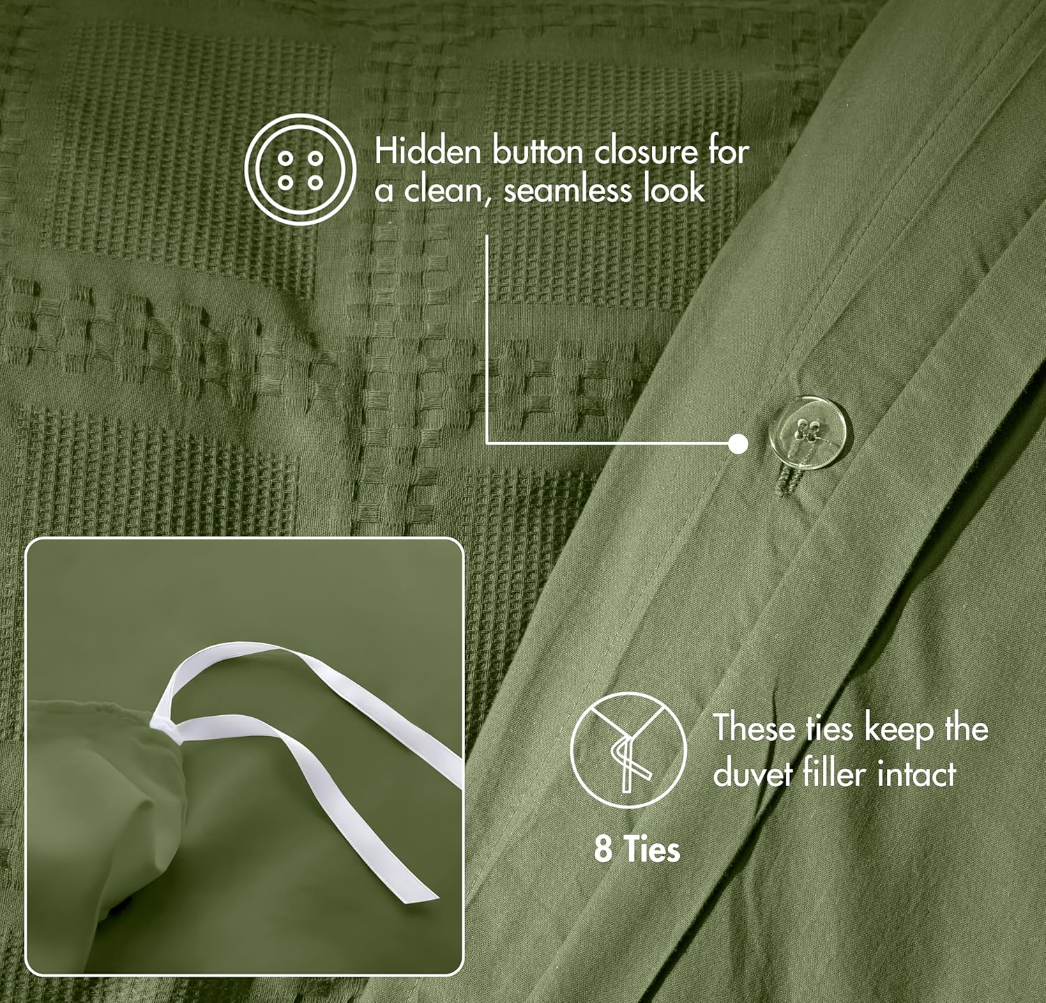 RUVANTI 100% Cotton Waffle Weave Full Duvet Cover Set - Pre-Washed Soft Cozy Textured Bedding, 3-Piece, 8 Corner Ties, Breathable, Olive Green (Big Box)