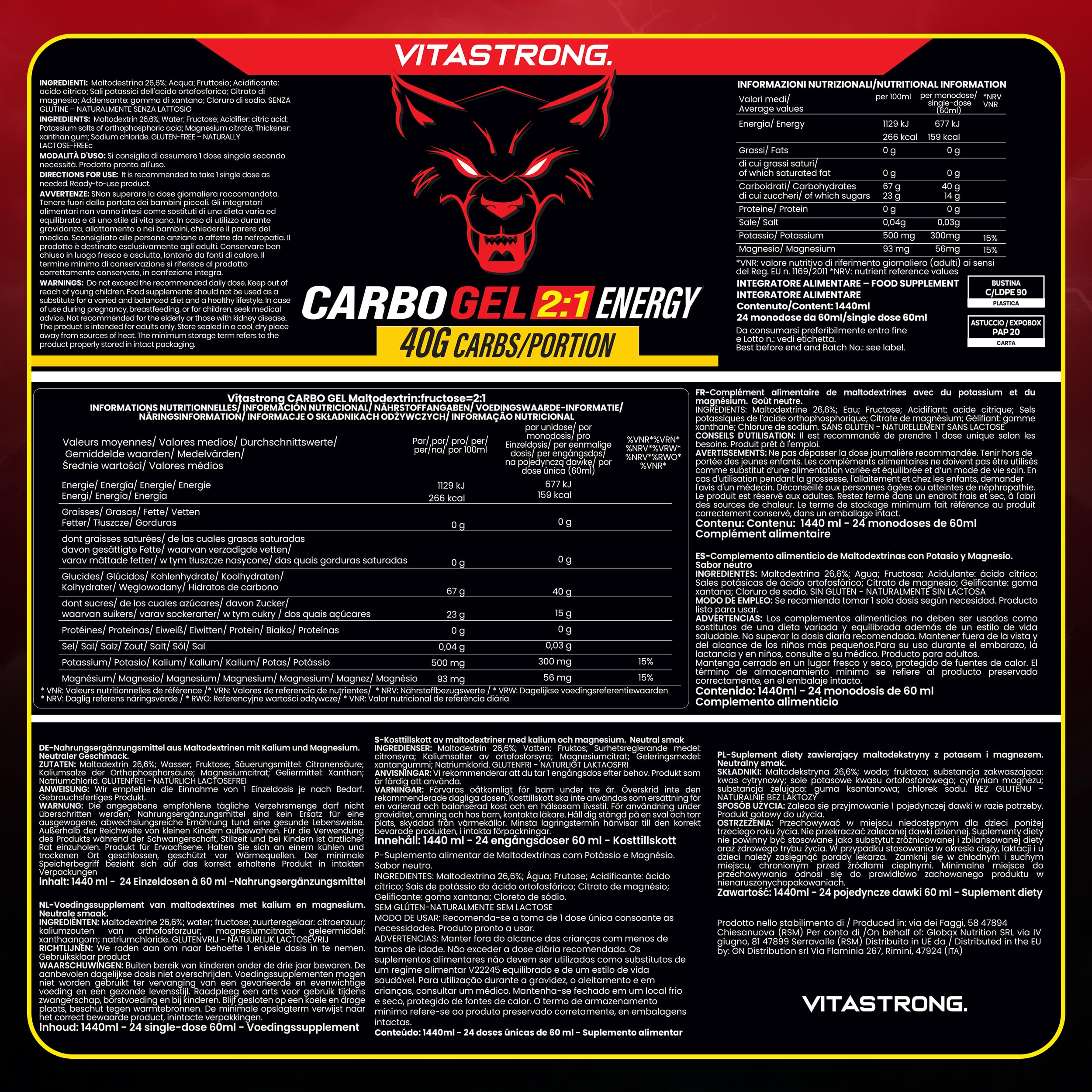 Vitastrong Carbo Gel 2:1 Energy Magnesio e Potassio Bustine con Cannuccia | 24 Carbogel da 40g Carboidrati, 56mg Magnesio e Potassio 300mg per Dose, Maltodestrine, Ciclismo Pre Workout e Intra Workout
