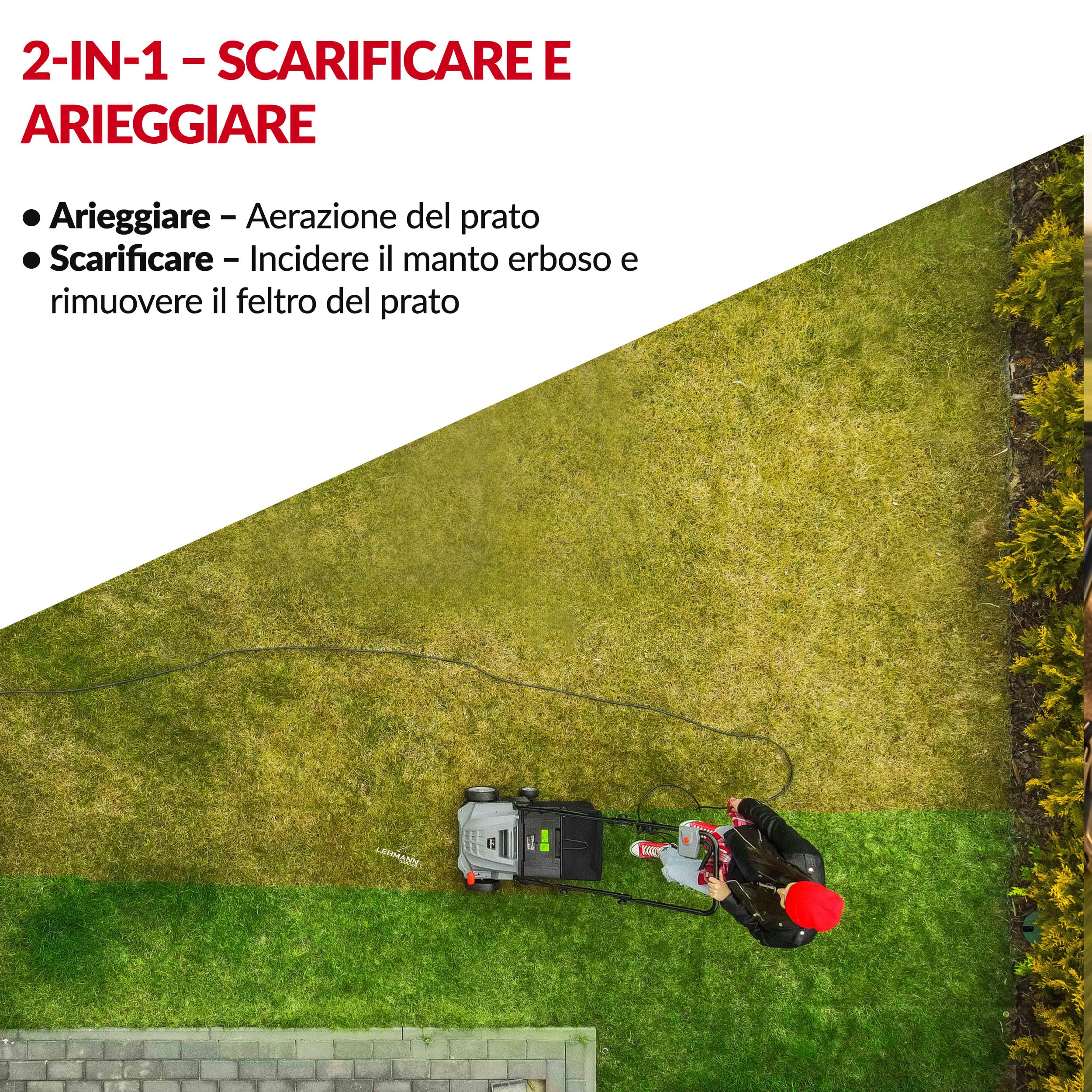 LEHMANN Alyssum Scarificatore Arieggiatore Elettrico 2 in 1, 1500 W, Larghezza 32 cm, 3000 giri/min, Cesto 30 L