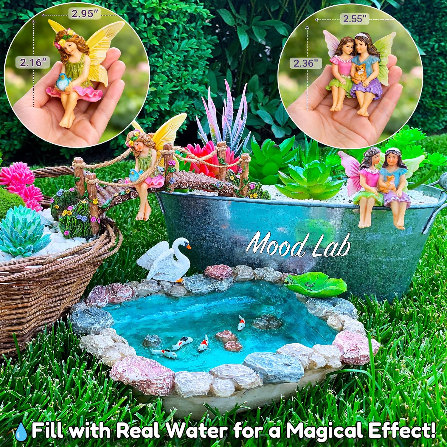 Condition photo showing New/Like New for mood lab fairy garden figurines - fish pond & bridge - miniature decor set (6 pcs) - statues & accessories - outdoor & indoor garden decor