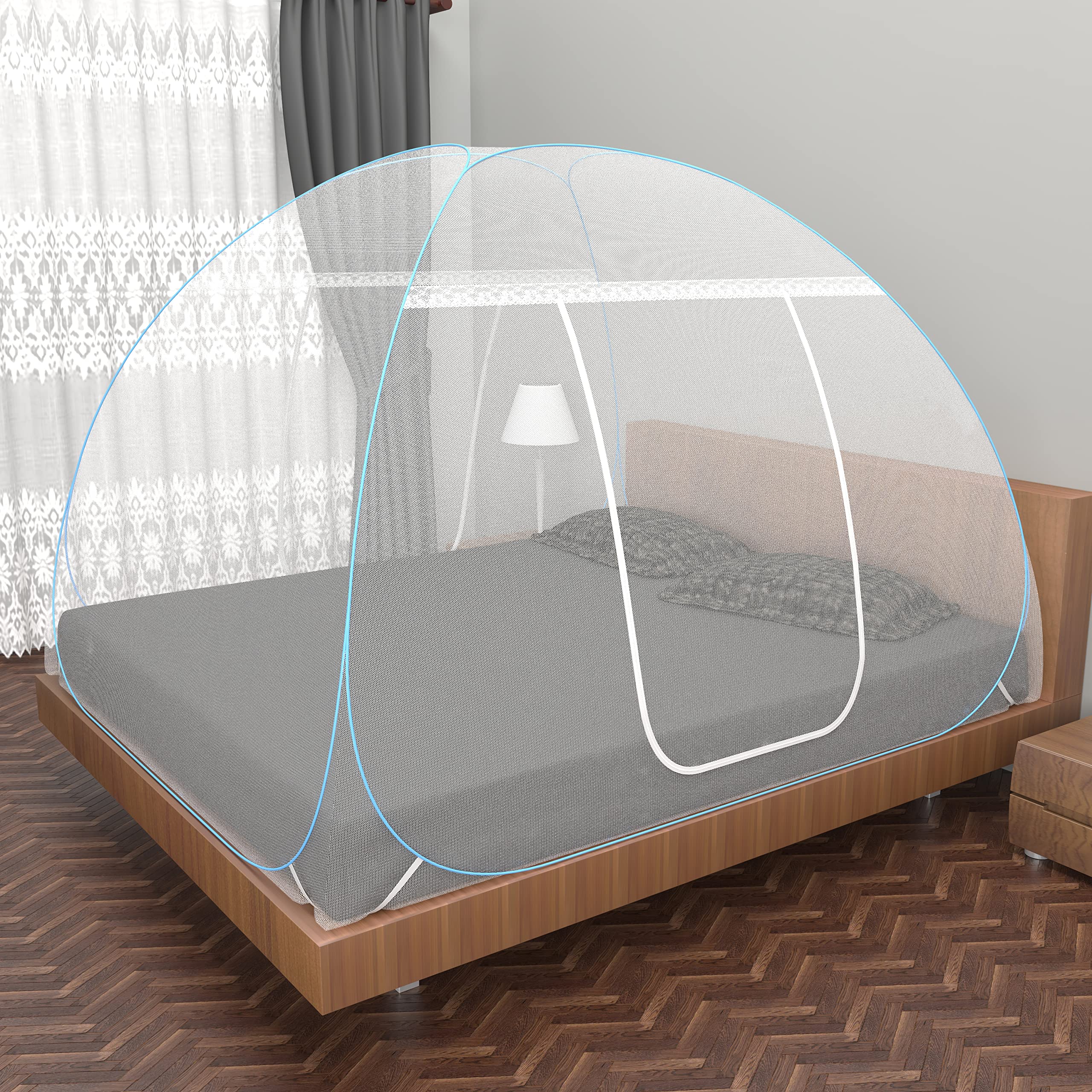 Fegore Premium Mosquito Nets for Double Beds King Size Foldable Machardani Polyester 35GSM Strong Net Noiseless PVC Coated Corrosion Resistant Steel Wire (Size 6.5 * 6.5 Ft Color - White) (B07T9VPMG3) Amazon Price History, Amazon Price Tracker