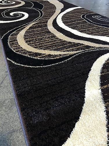 Miniatura 5 de Alfombra moderna de pasillo largo contemporánea, color marrón oscuro y negro, diseño King 344 (32 pulgadas x 10 pies)