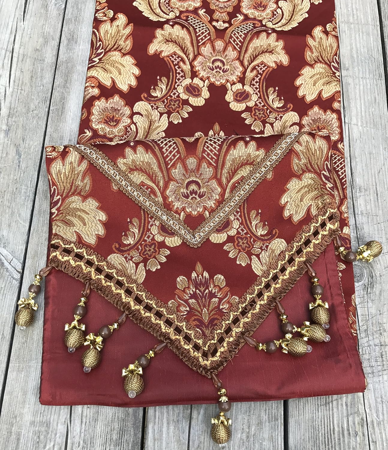 MAGILONA Home Tablecover Bead Decorative Europe Luxurious Cotton Linen Velvet 3D Relief Embroidered Floral Pattern Table Runner Dining Party 13x83 in (Red)