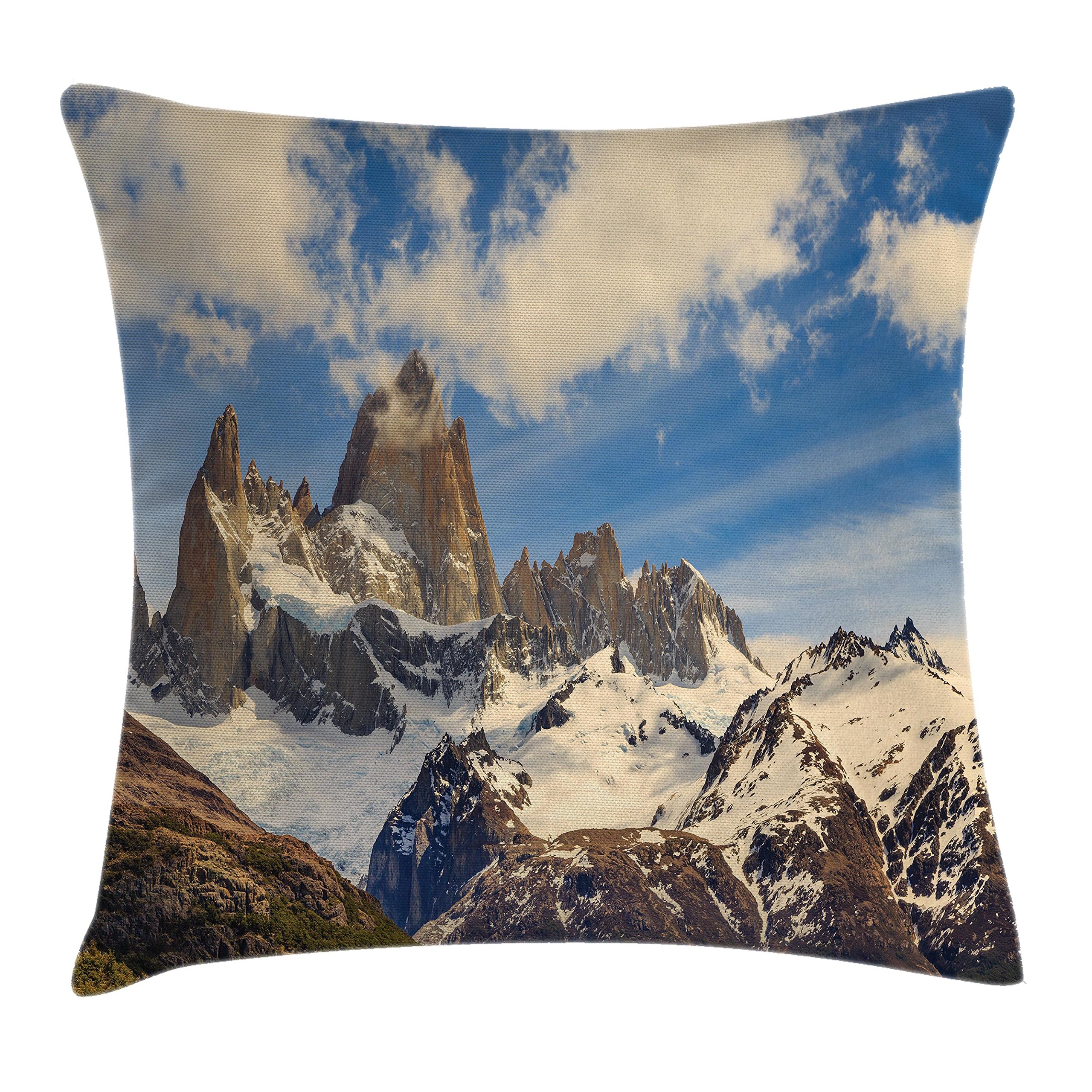 Lunarable Landscape Throw Pillow Cushion Cover, Frozen Rocky Mountains and Fluffy Clouds States Destination Journey Photography, Decorative Square Accent Pillow Case, 36