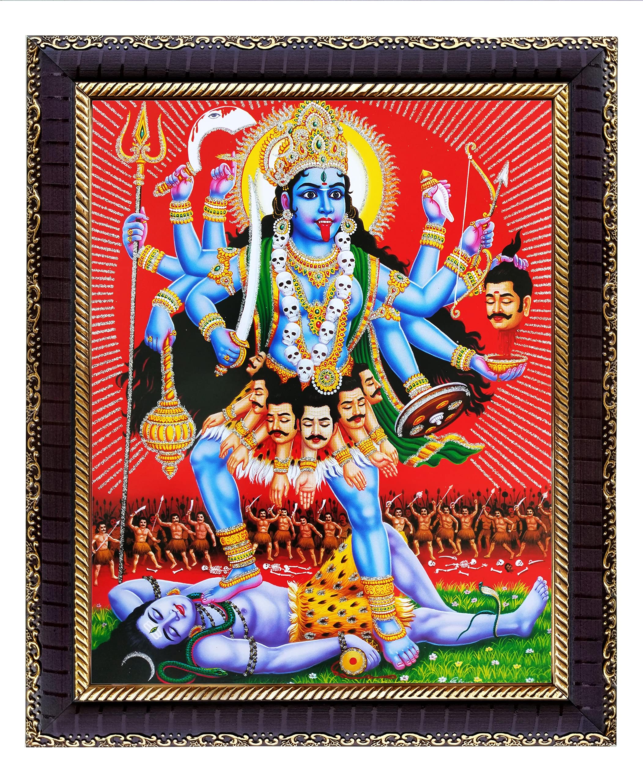 khanna maa kali/Goddess Kali/mahakali maa standing on shiva/shiv ji fighting/war Photo Frame for Wall Hanging/Gift/Temple/puja Room/Home Decor Golden Frame with Acrylic Sheet (Glass) for Worship