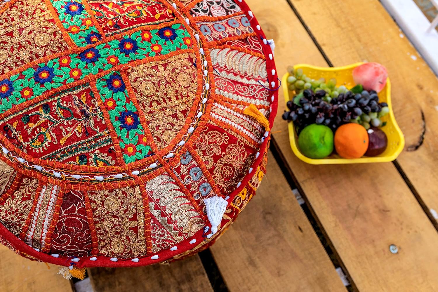 THE ART BOX Cotton Patchwork Vintage Boho Embroidered Bean Bag Seating Pouf Covers Ottoman Kids Stool Decorative Chair Boho Home Décor (14x22 Inches, Cover Only)