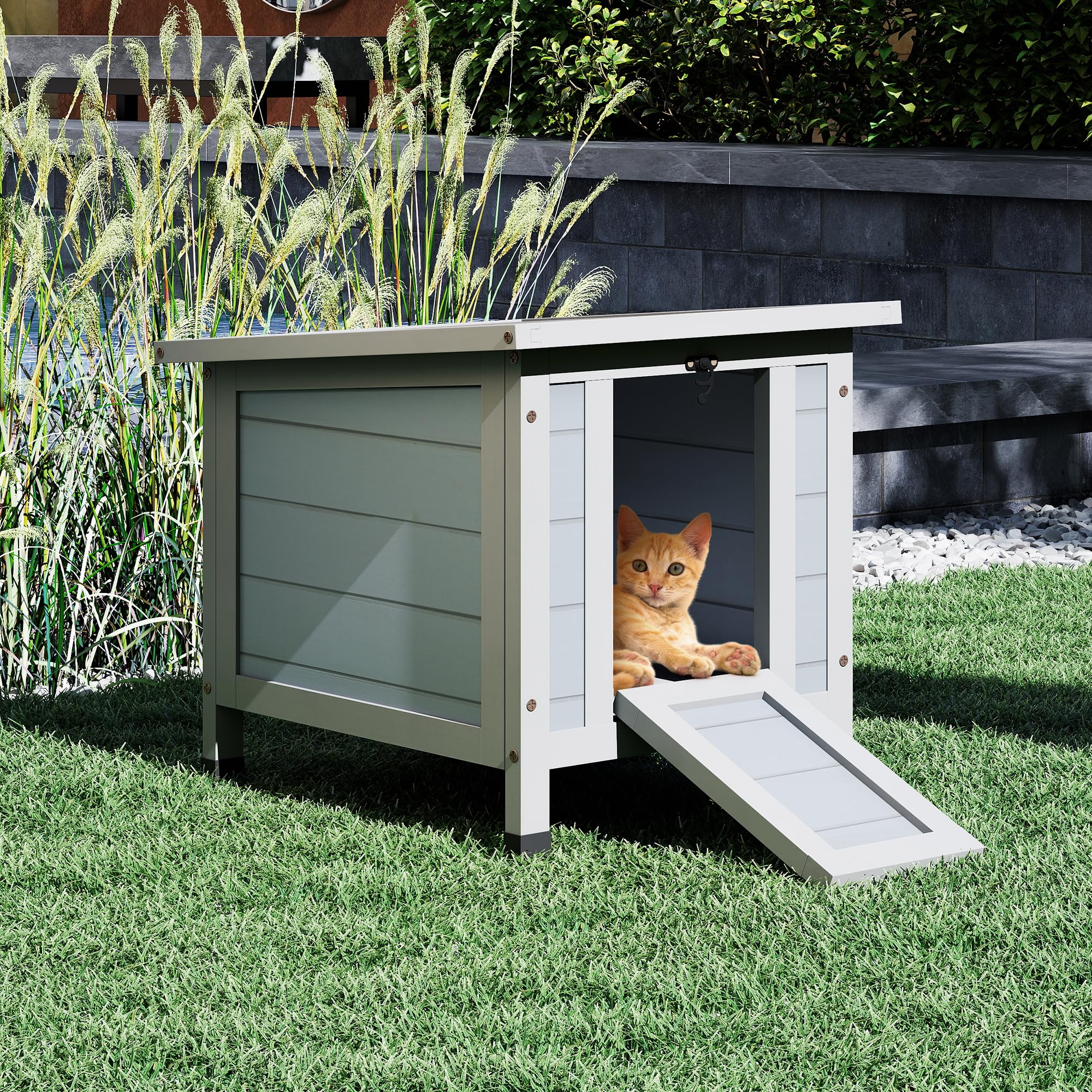 Niche pour chat portable pour l'extérieur - Résistante aux intempéries et à l'hiver - Avec toit pliable et rampe - Niche d'extérieur en bois - 51 × 40 × 43,5 cm - Pour chats, hérissons, lapins
