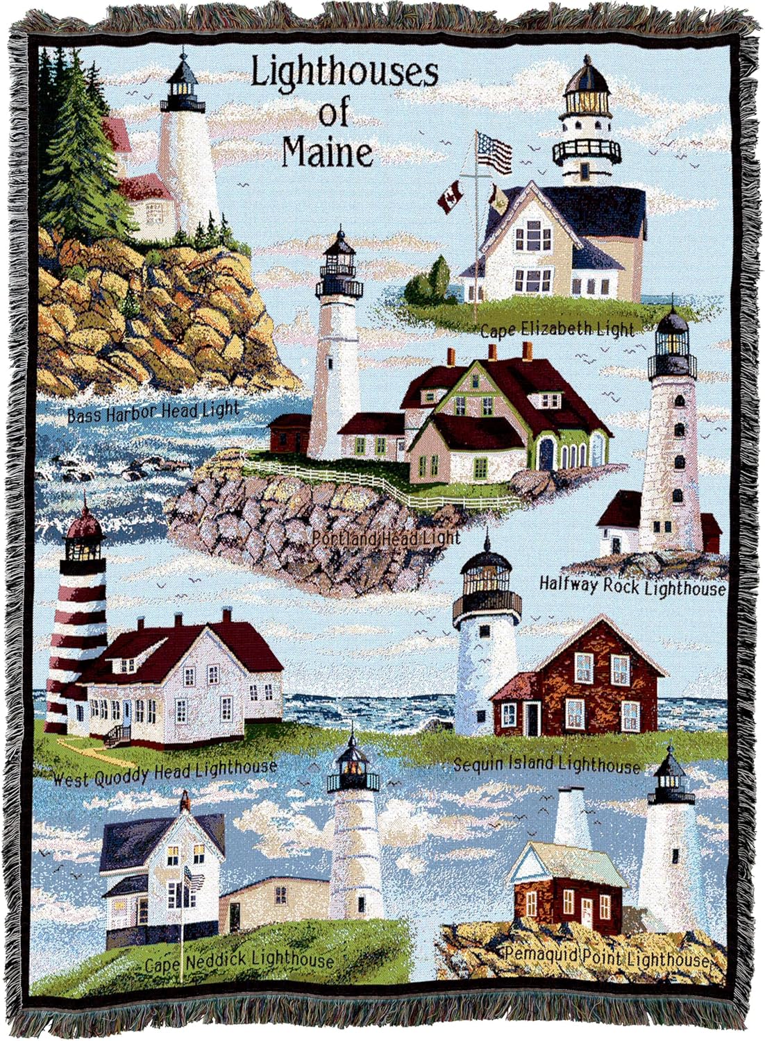 Lighthouses of Maine Blanket - Bass Harbor Cape Elizabeth Halfway Rock Sequin Neddick West Quoddy Portland Pemaquid - Coastal Ocean Gift Tapestry Throw Woven from Cotton - Made in the USA (72x54) - Image 2