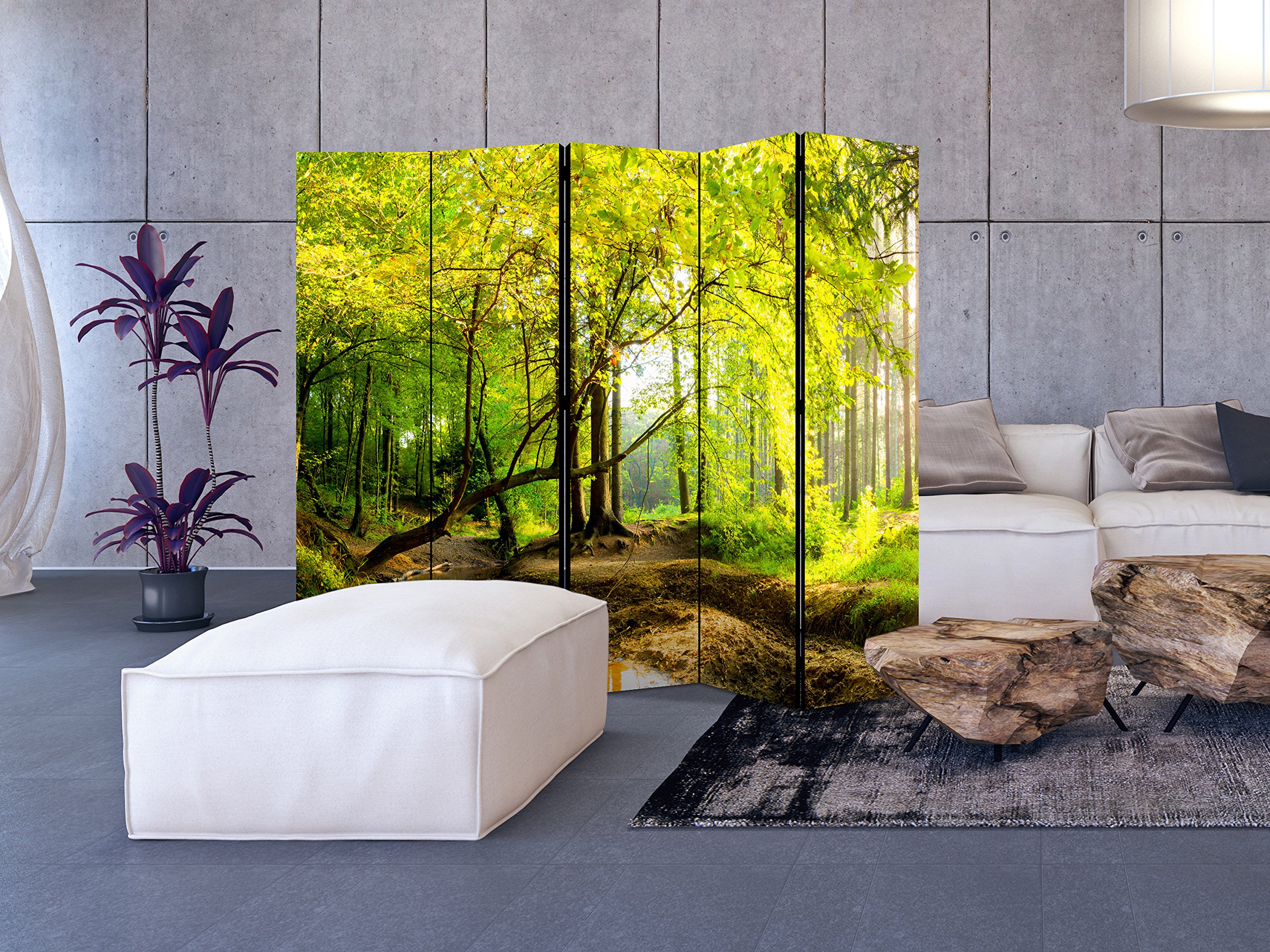 murando - Paravent Raumteiler Natur, 225x172 cm, 5-teilig, Wohnzimmer, Büro | Mobiler Sichtschutz, sofort einsatzbereit, Holzrahmen, ideal fürs Wohnzimmer oder Büro, geruchsneutral, lichtbeständig