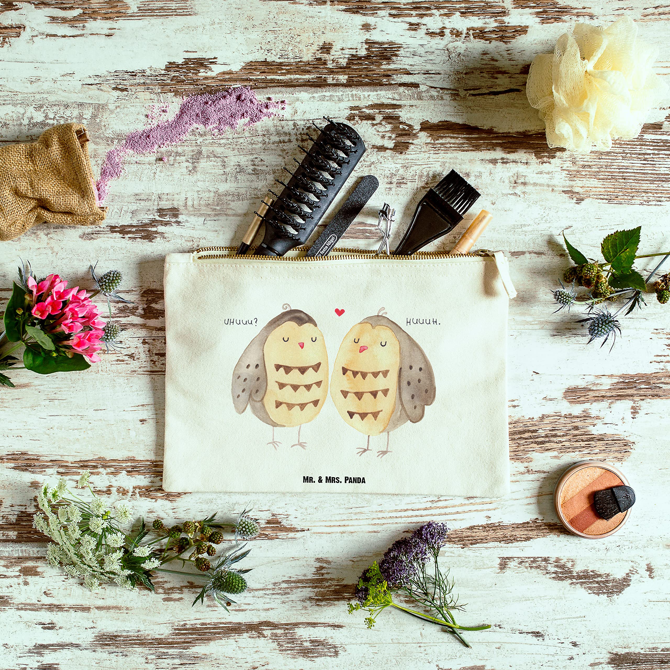 Mr. & Mrs. Panda Federmappe Eulen Liebe Grösse XL Große - Geschenk, kosmetiktäschchen, Kulturbeutel, Mäppchen, Paar, Pouch, Eule, Hochzeit Spruch, Stifteetui