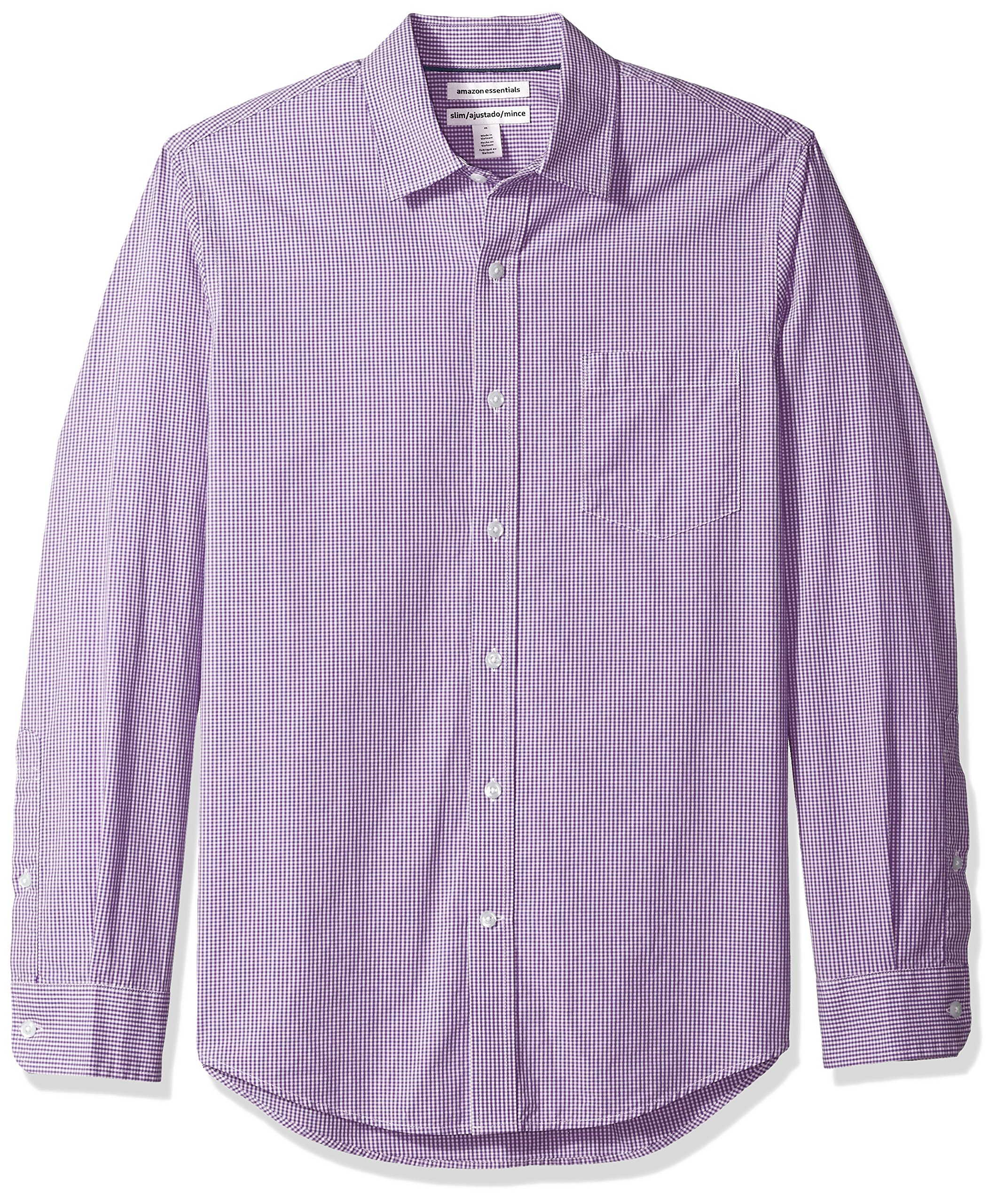 Amazon Essentials Men's Regular-Fit Long-Sleeve Casual Poplin Shirt, Button Front, Business Casual, Collared Slim Fit Purple White Gingham Small