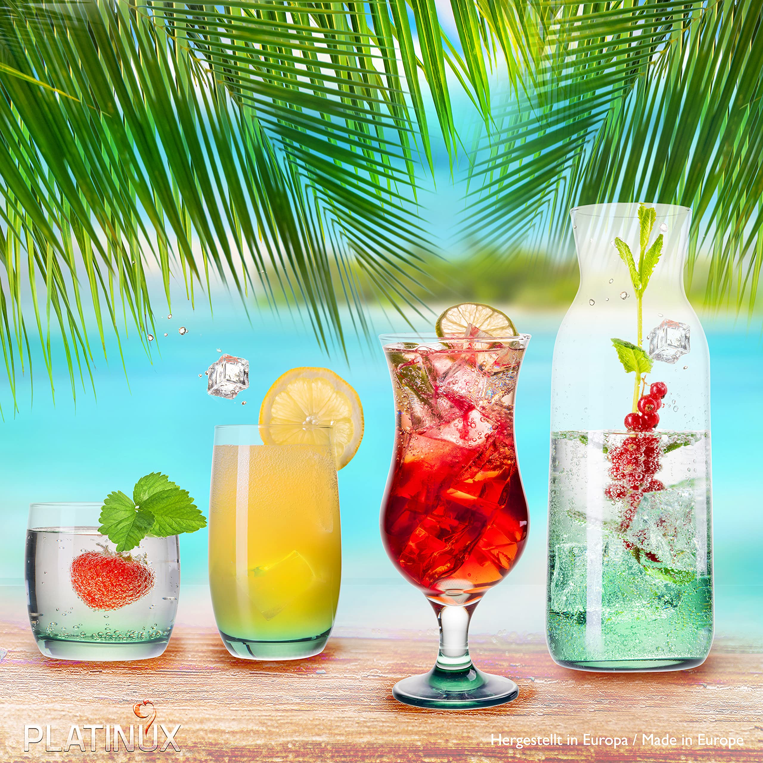 PLATINUX Juego de vasos y jarra con efecto ombré verde, 19 piezas de cristal, jarra de agua, vasos de cóctel