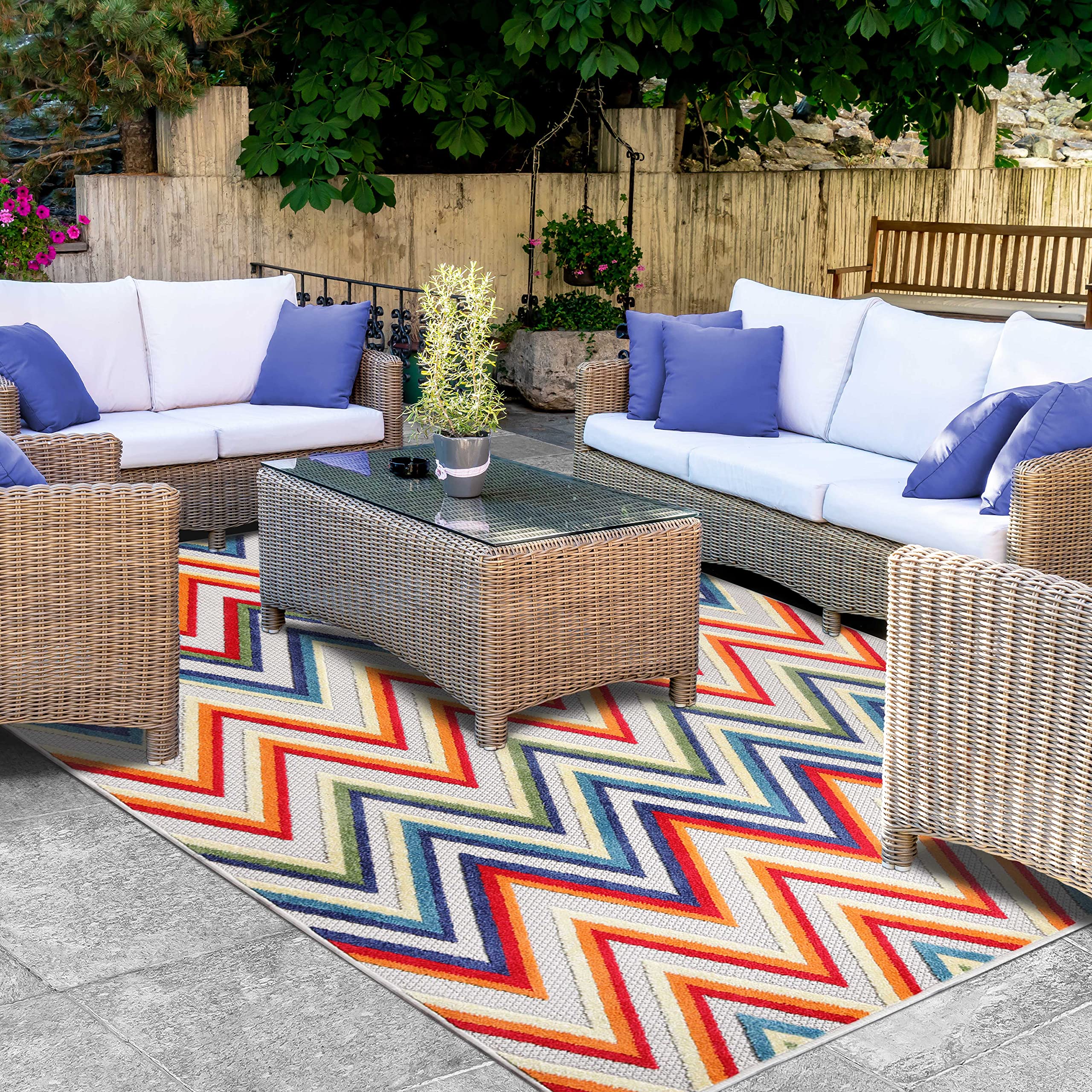 Superior Modern Bohemian Indoor Outdoor Area Rug, Perfect for Patio, Bedroom, Kitchen, Laundry Room, Entryway, Office, Playroom, Carpet Cover, Zig-Zag