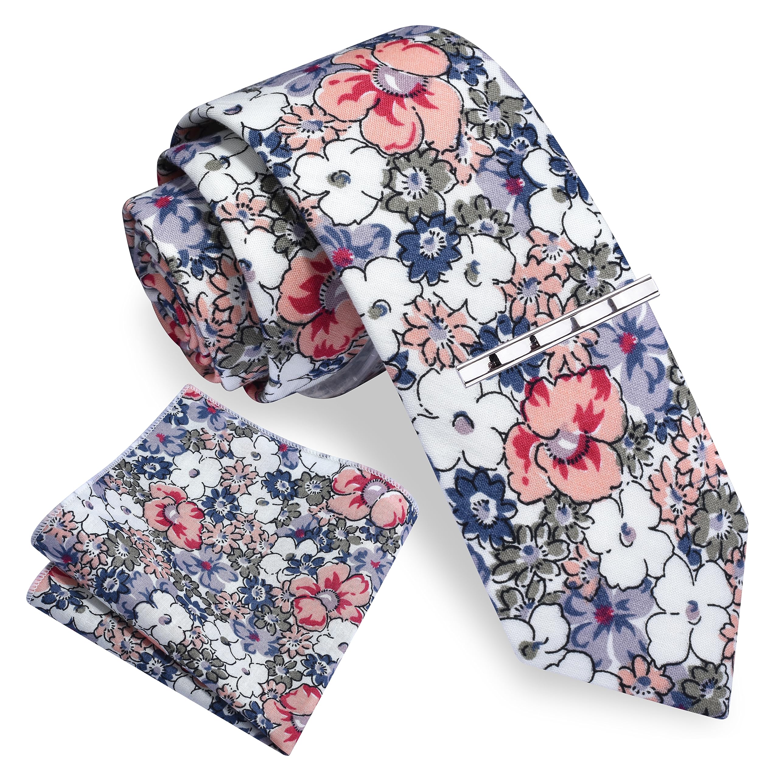 Gusleson Fashion 2.4"（6cm） Cotton Flora Printed Necktie Tie Clip and Pocket Square Sets + Gift Box