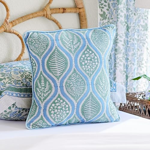 Saffron Marigold Lujosa funda de almohada azul, impresa a mano, 100% algodón preencogido, diseño de helechos del bosque para sofás o almohada