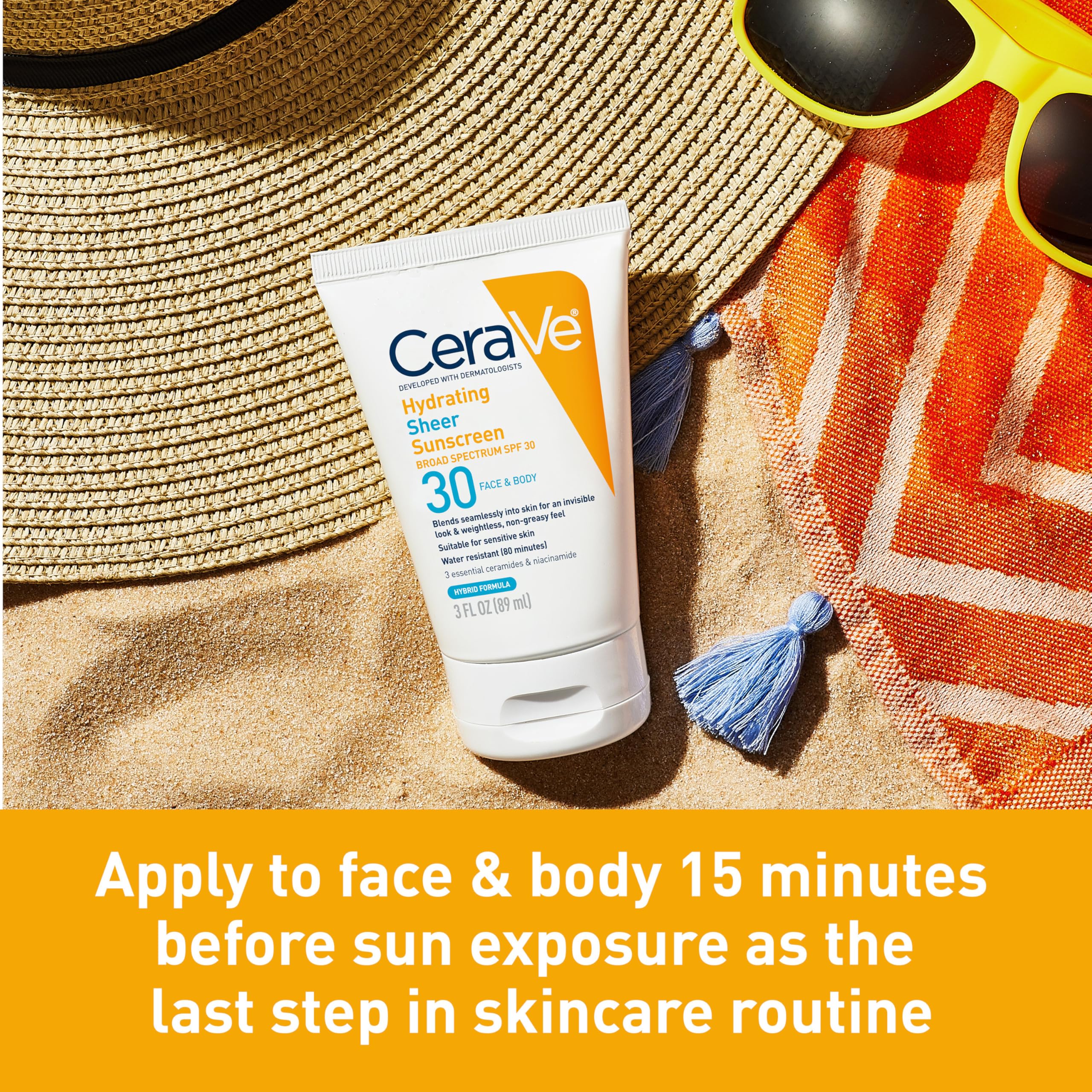 CeraVe Hydrating Sheer Sunscreen with SPF 30 for Face and Body, Mineral & Chemical Sunscreen for Men & Women with Zinc Oxide, Hyaluronic Acid and Ceramides, Paraben-Free + Fragrance-Free, 5 Ounces