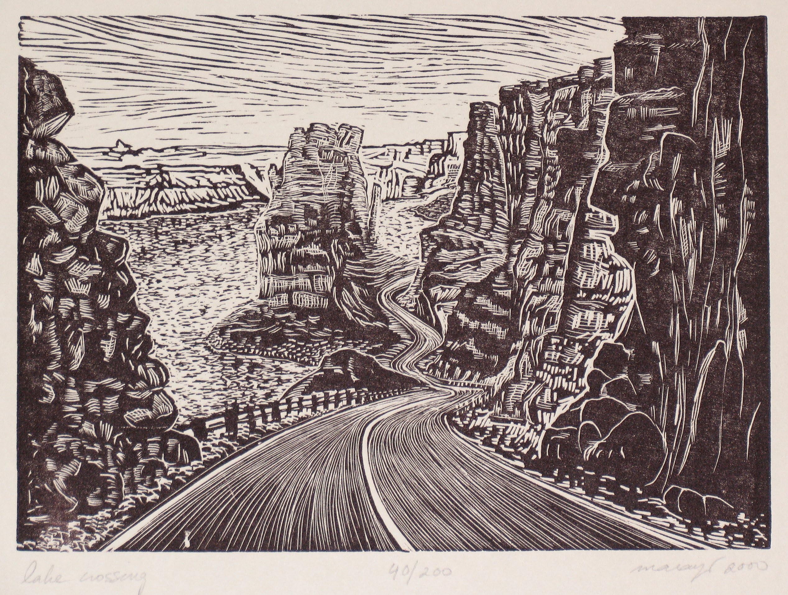 Original Wood Engraving Crossing the Lake Powell Southwest Colorado River Desert Road