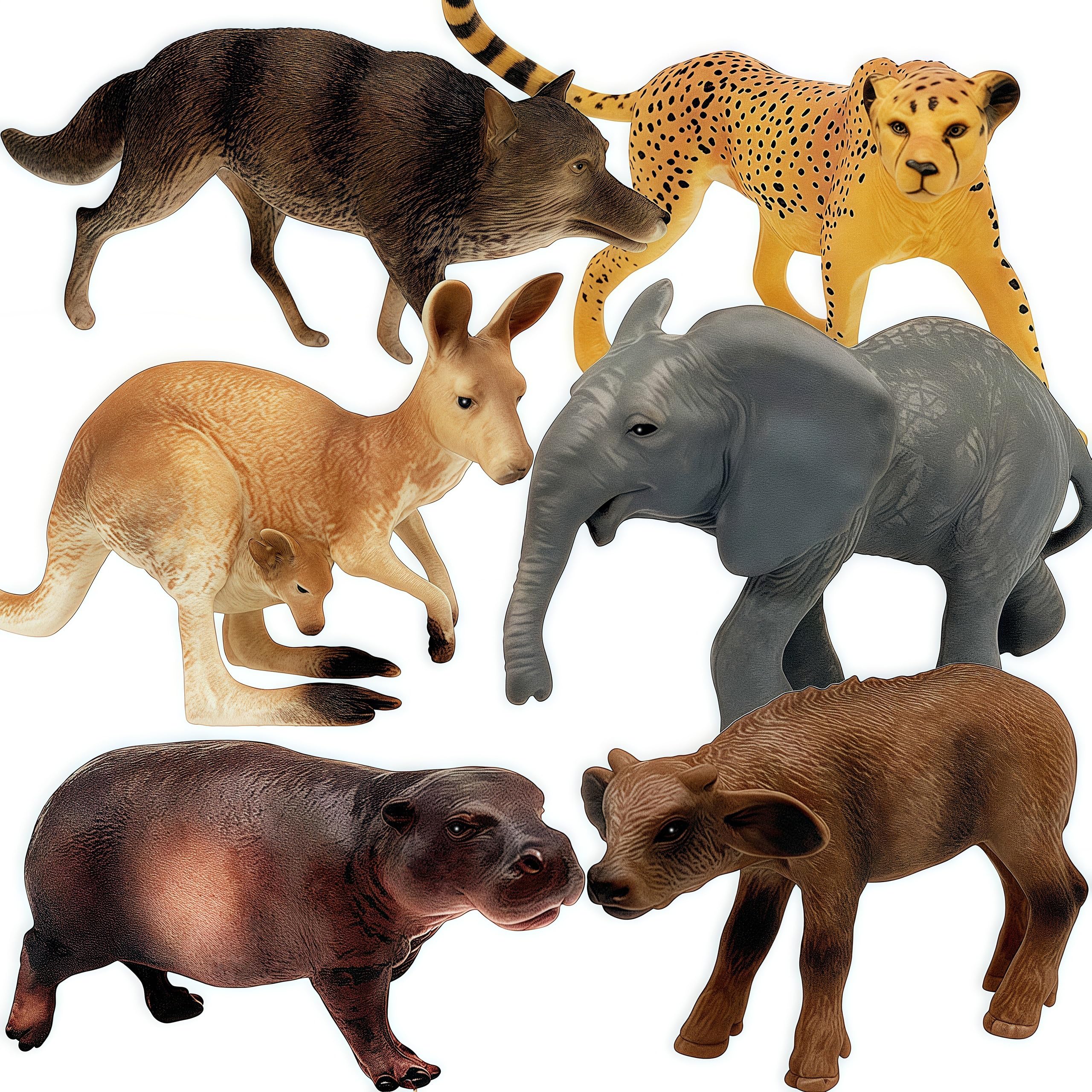 Gemini&Genius Wild Animal Toys for Kids, Wolf, Elephant, Leopard, Hippo, Buffalo, Kangaroo Action Figures, Zoo Playset, Gift for Kids Display or Cake