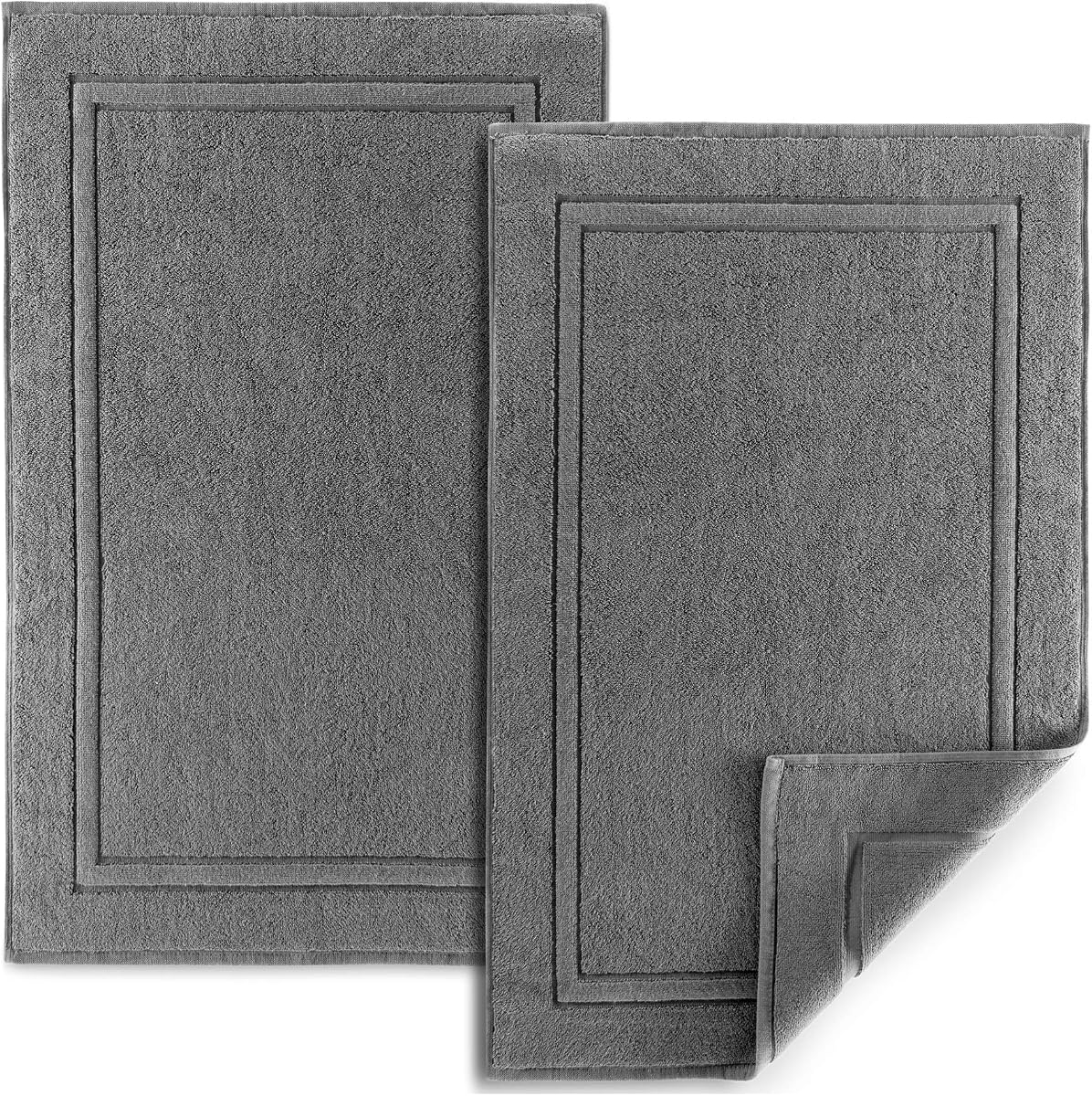 ALIBI Bath Mat Floor Towel Set | 2 Pack of Super Soft & Absorbent Luxury Cotton Towels | Hotel, Spa, Shower & Bathroom Step Out of Tub Floor Mats [NOT a Bathroom Rug] |Machine Washable - Grey 22 X 34