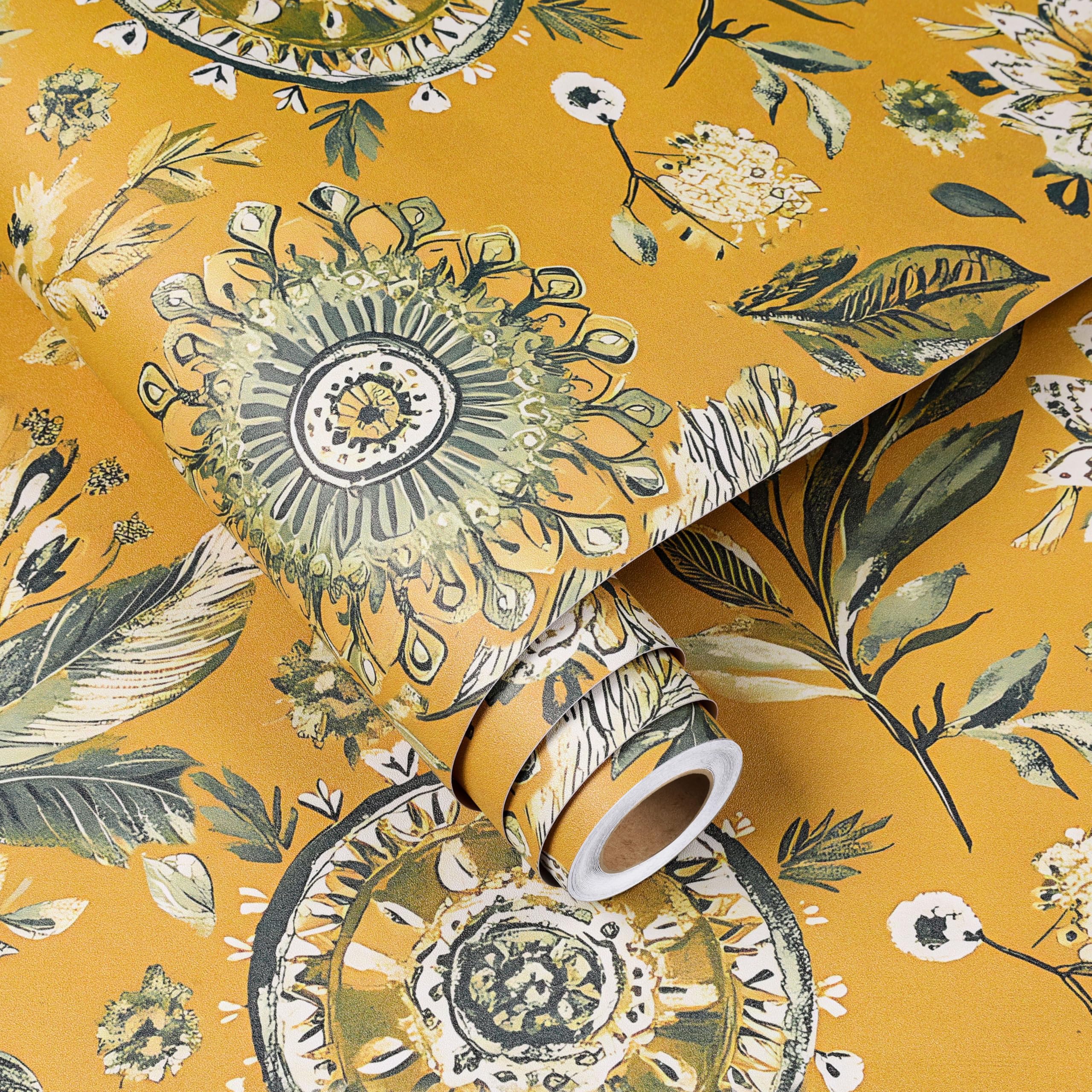 FunStick 44.5CMx9M Papel de Pared Autoadhesivo para Dormitorio Baño Amarillo Anaranjado Papel Armario Adhesivo Floral Tropical Impermeable Vinilos para Muebles Flores Hojas Amarillo Vinilo Pared Salon