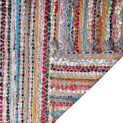 Miniatura 5 de Alfombra de trapo 100% algodón de 24 x 36 pulgadas, alfombra Chindi multicolor, tejida a mano y reversible para sala de estar, cocina, entrada,