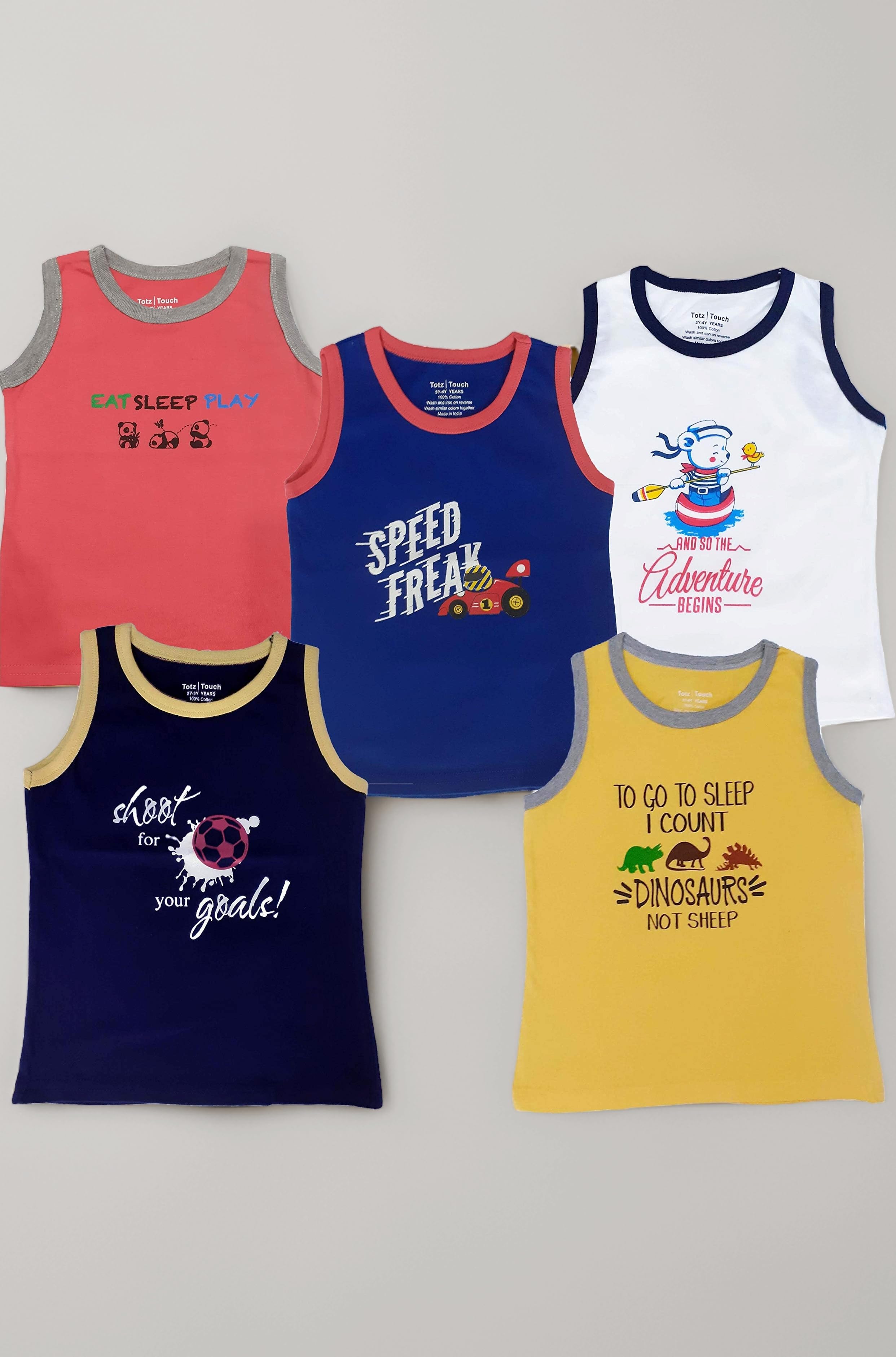 Totz Touch Boys Regular Fit Sleeveless T Shirt / Tees / Vest / Baniyan | Pure Cotton 180 Gsm | Kids Casual Round Collar Tshirts (Pack 5 | Size Options – 0-6 Months / 12-24 Months / 2-3 Years / 3-4 Years / 4-5 Years)