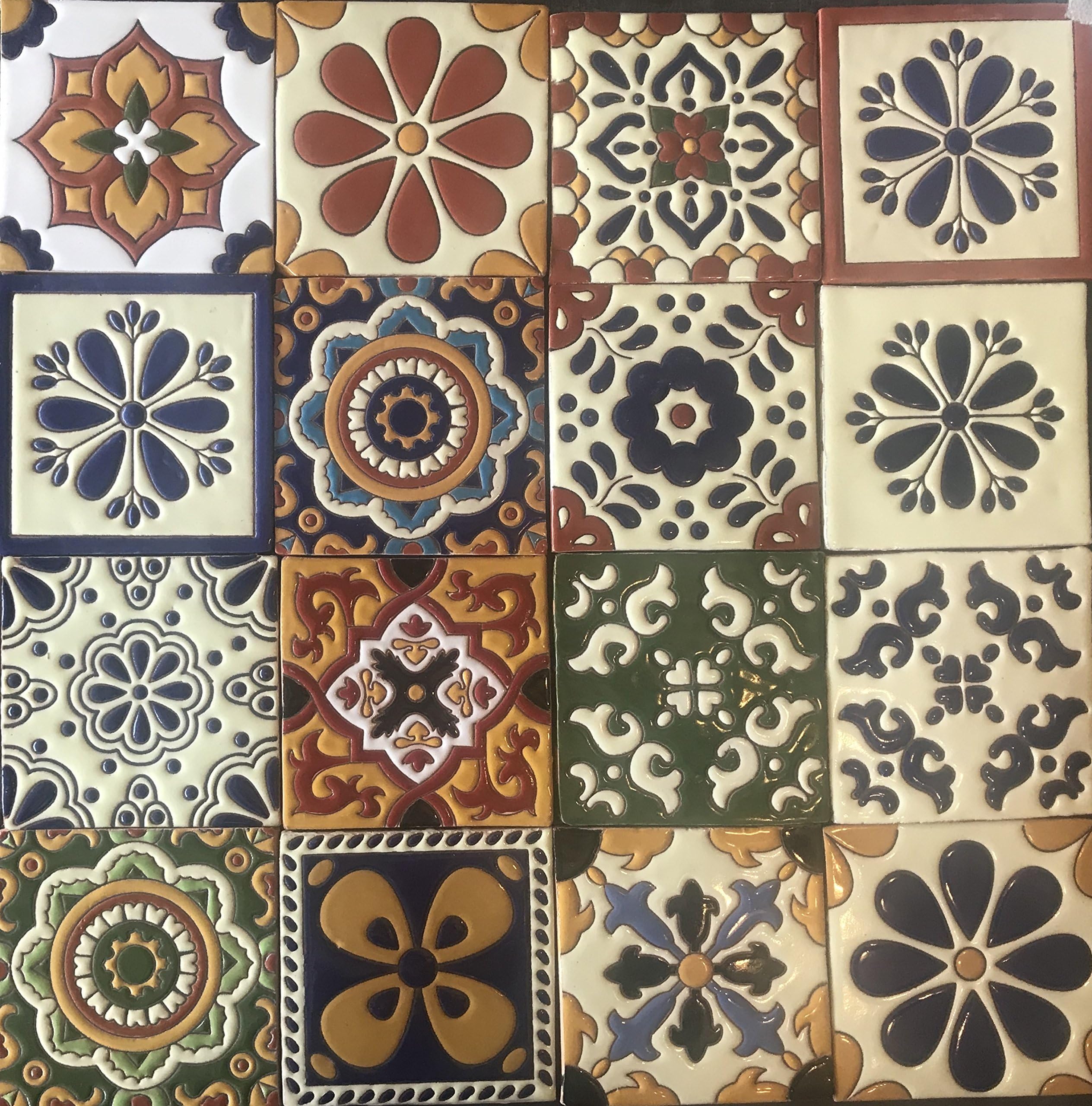 Ceramic Relief Talavera Mexican Tile 6X6", 16 MIXED DESIGNS (NO STICKERS)